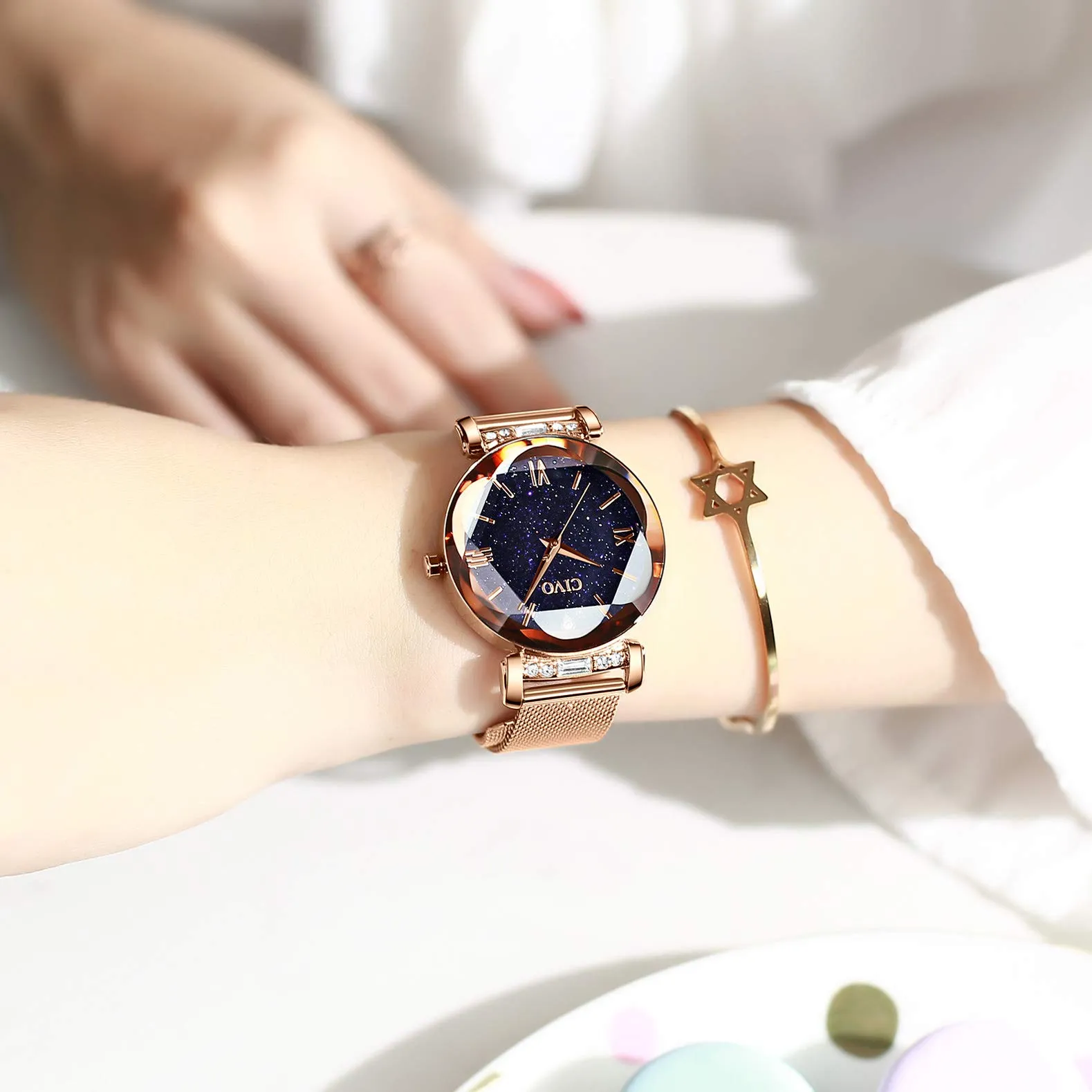 CIVO Orologio Donna Set Oro Rosa Orologio da Polso Donna Impermeabile in Maglia Acciaio Inossidabile Analogico Elegante Design Cielo Stellato - immagine 4