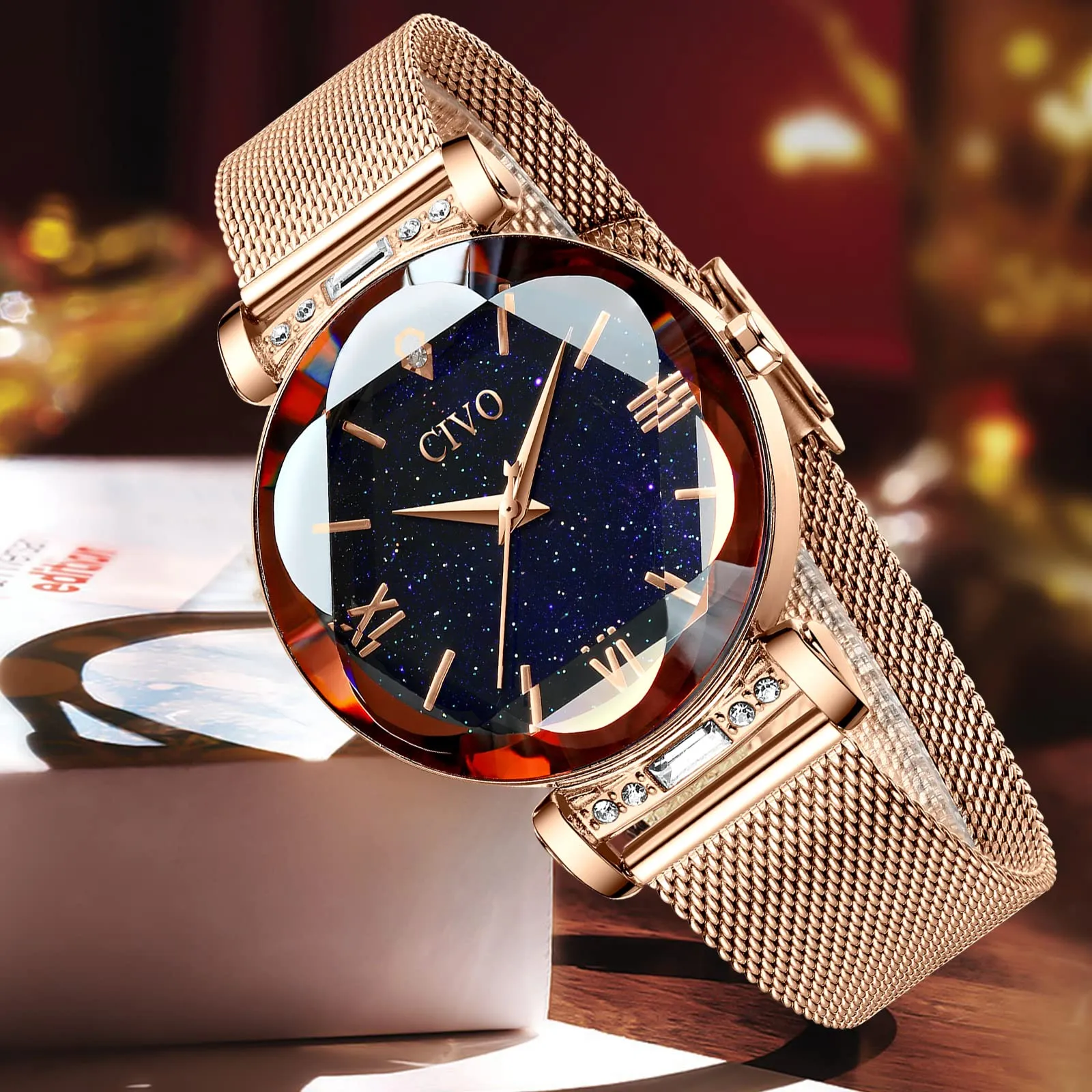 CIVO Orologio Donna Set Oro Rosa Orologio da Polso Donna Impermeabile in Maglia Acciaio Inossidabile Analogico Elegante Design Cielo Stellato - immagine 6