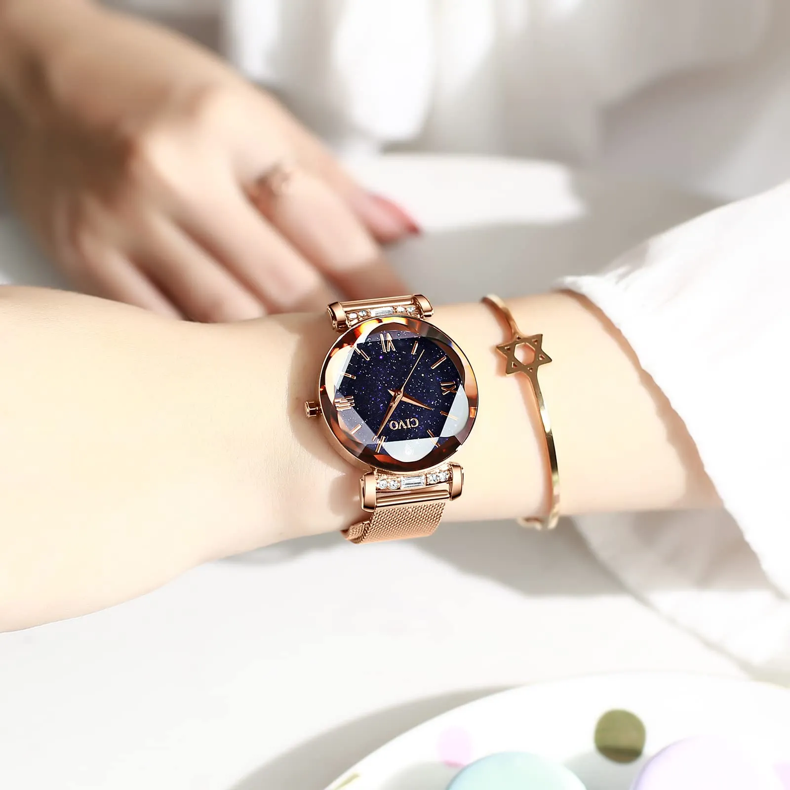 CIVO Orologio Donna Set Oro Rosa Orologio da Polso Donna Impermeabile in Maglia Acciaio Inossidabile Analogico Elegante Design Cielo Stellato - immagine 7