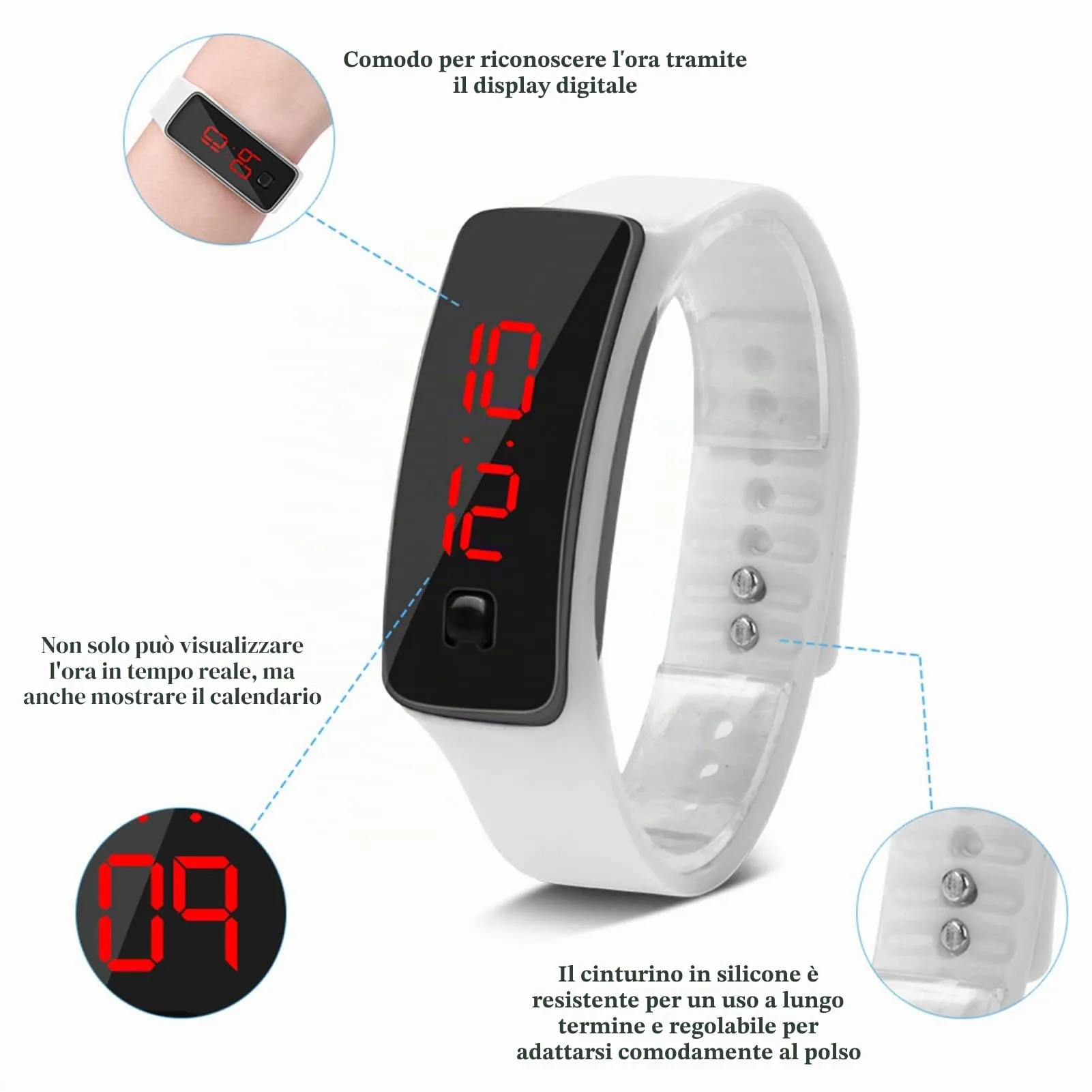 LED Orologio Digitale da Donna, Cinturino in Silicone Orologio Sportivo Digitale Quadrante 12 Ore Display Elettronico Orologio da Polso per Uomo Donna Ragazzi Studenti (Bianco) - immagine 4