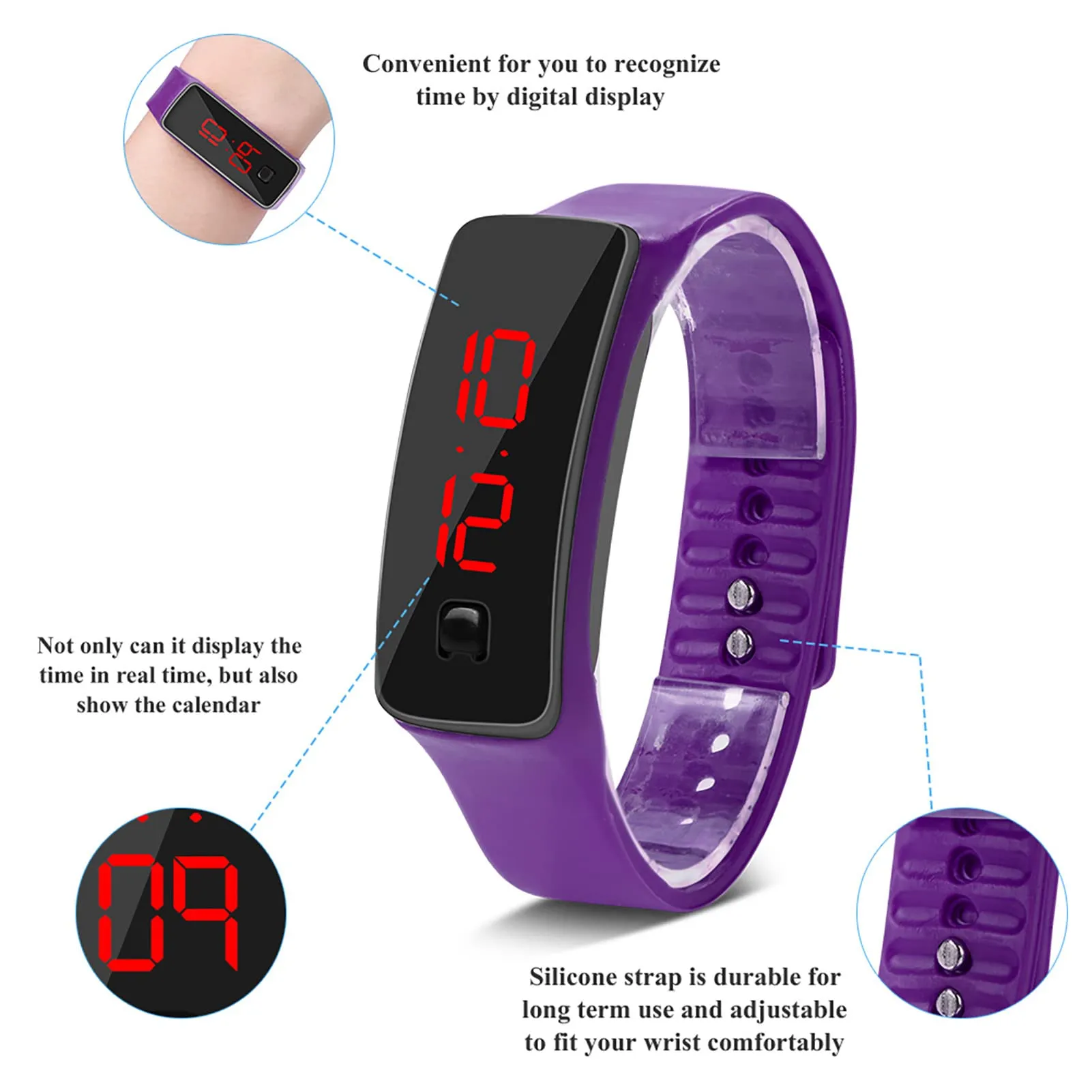 Naroote LED Orologio Digitale da Donna, Cinturino in Silicone Orologio Sportivo Digitale Quadrante 12 Ore Display Elettronico Orologio da Polso per Uomo Donna Ragazzi Studenti (Viola) - immagine 8