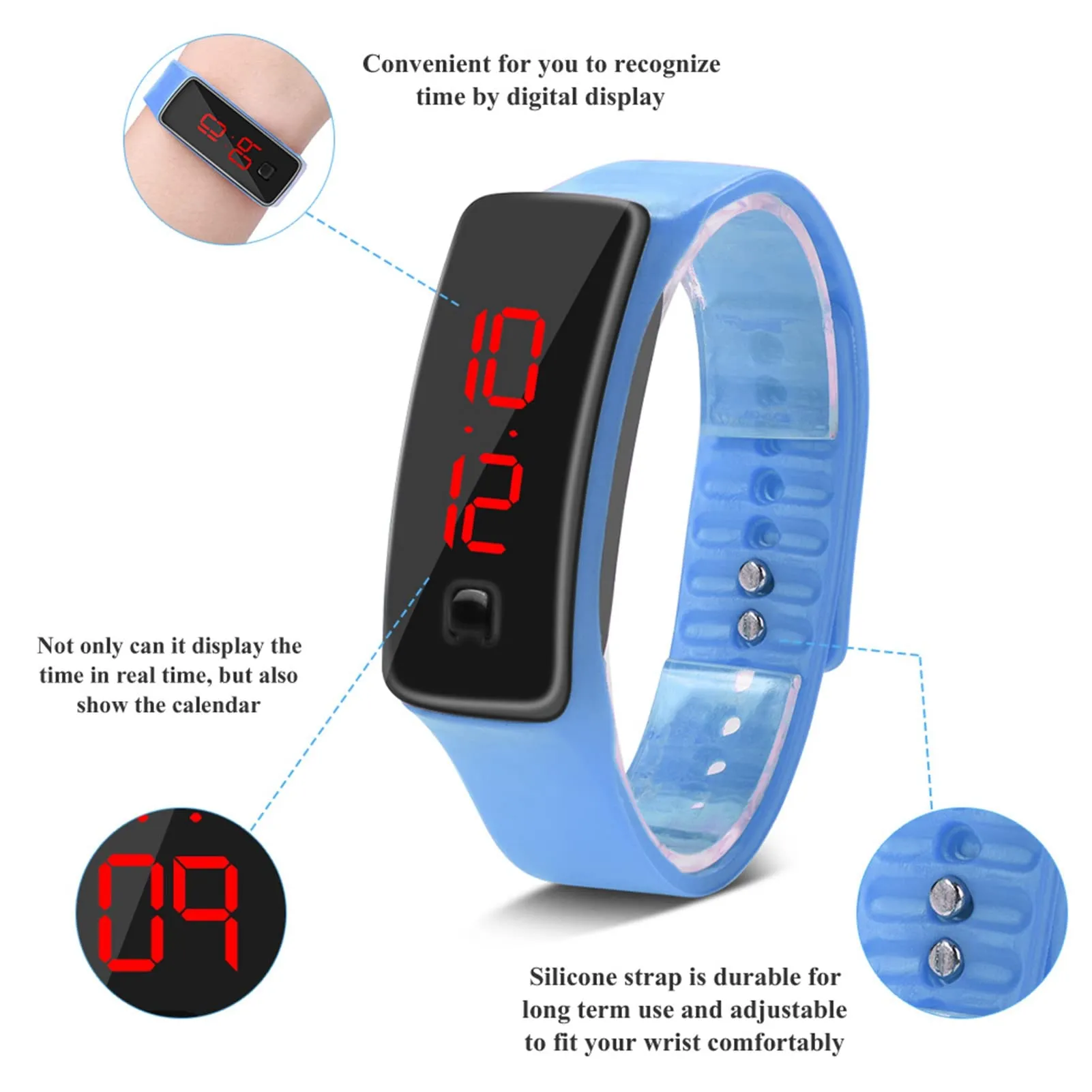 LED Orologio Digitale da Donna, Cinturino in Silicone Orologio Sportivo Digitale Quadrante 12 Ore Display Elettronico Orologio da Polso per Uomo Donna Ragazzi Studenti (Acqua Blu) - immagine 3