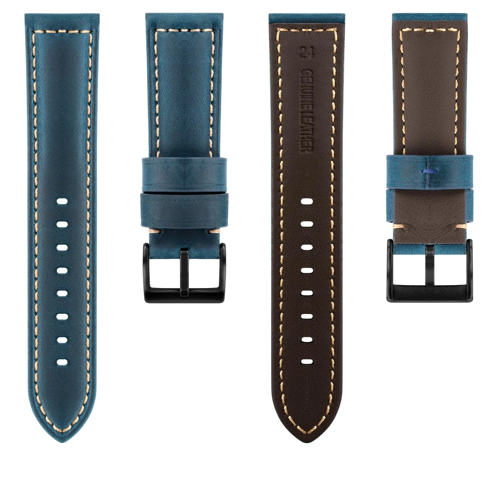 TStrap Cinturino Pelle Orologio 24mm - Blu Cuoio Vintage Elegante Cinturini Uomo - Flessibile Spessore Militari Bracciale di Ricambio Fibbia per Smartwatch - 20mm 22mm 24mm - immagine 2