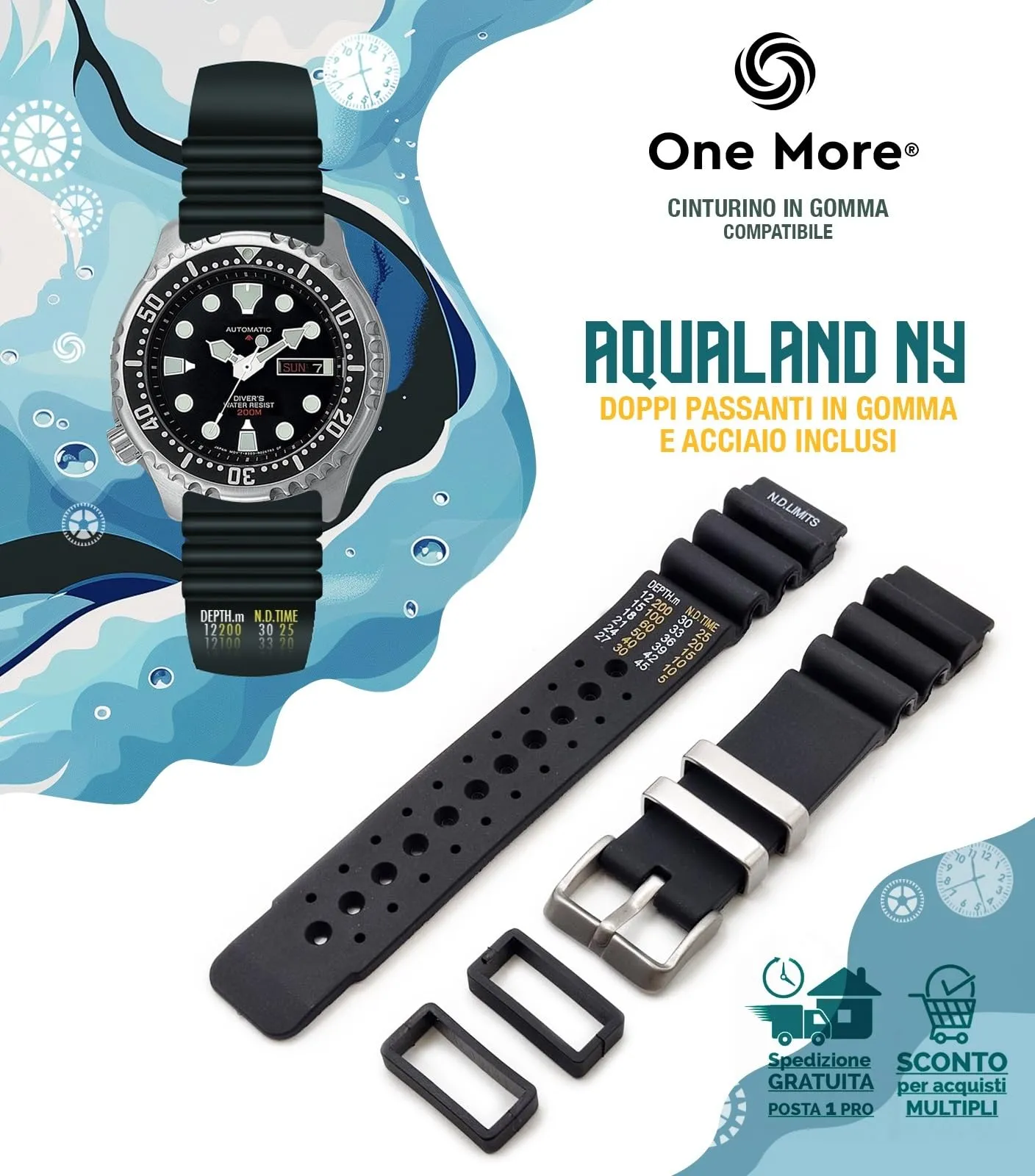 Generico Cinturino in Gomma compatibile con Promaster Aqualand orologio Ny 0040 jp2000 nd limits strap da 20mm 22mm 24mm universale per Sub Diver sport Black (24mm) - immagine 2