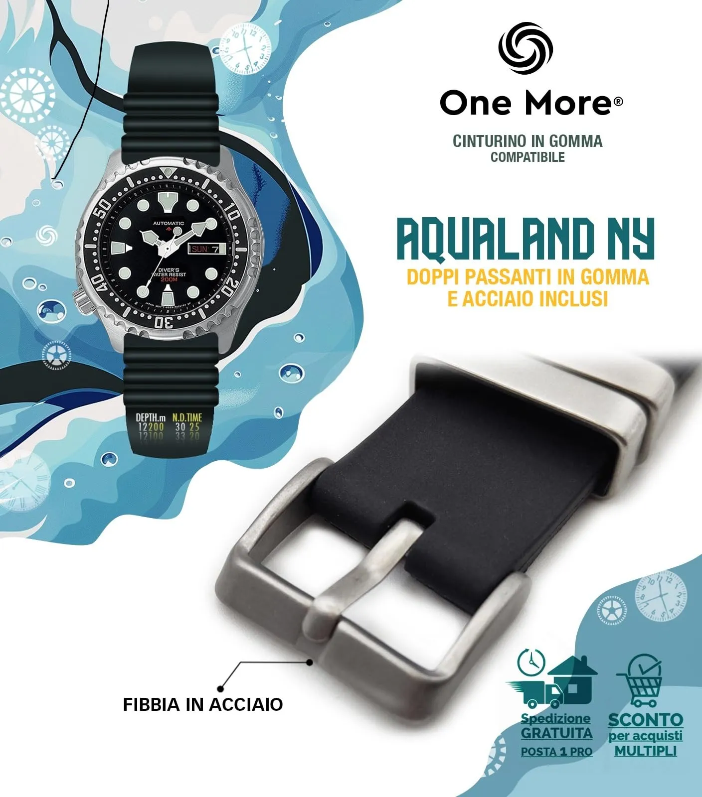 Generico Cinturino in Gomma compatibile con Promaster Aqualand orologio Ny 0040 jp2000 nd limits strap da 20mm 22mm 24mm universale per Sub Diver sport Black (24mm) - immagine 5
