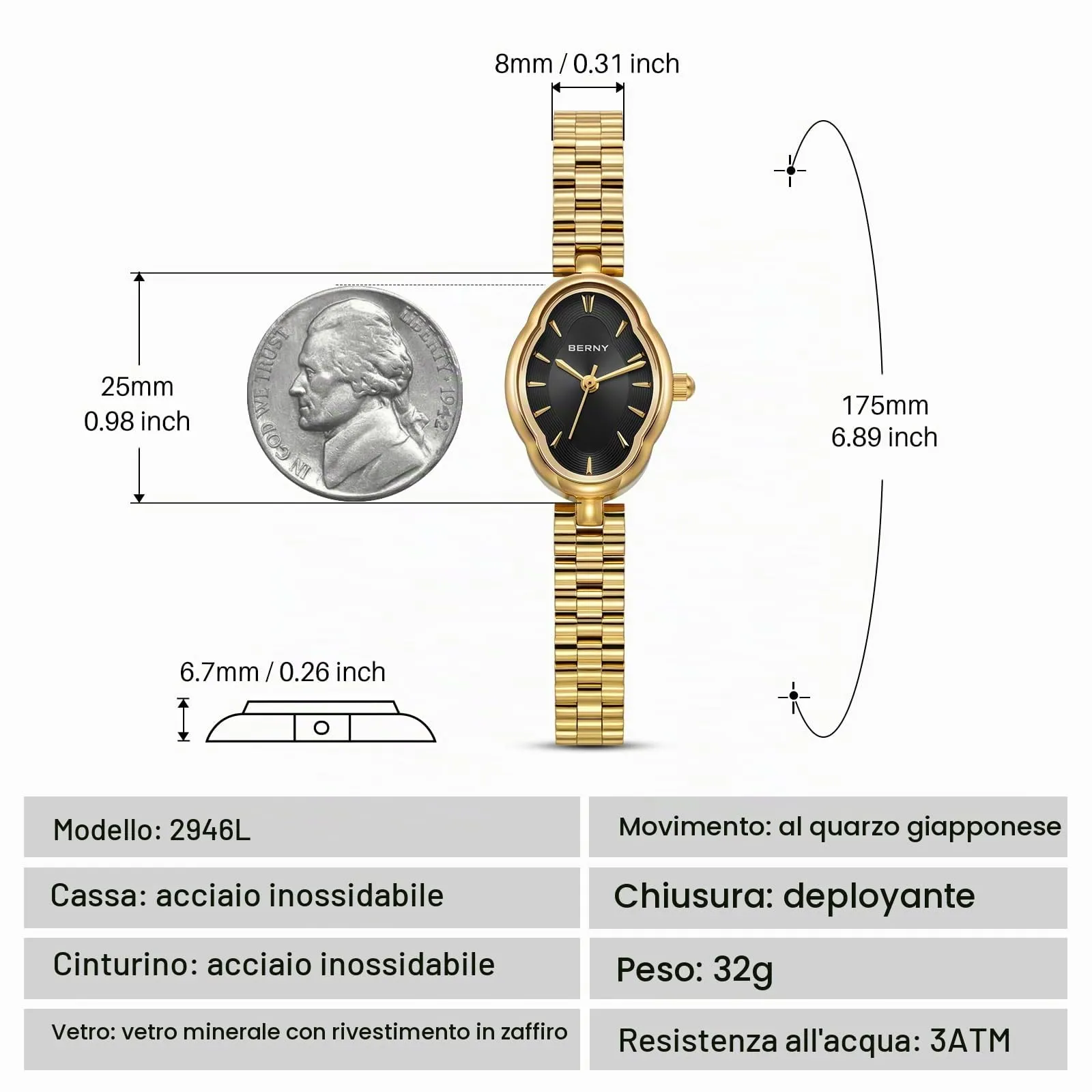 BERNY Orologio Oro per le Donne Vintage Donna Orologio al Quarzo 3ATM Impermeabile Moda Femminile Orologio Da Polso Di Lusso Orologi Da Braccialetto Idear Regalo per Ragazza - immagine 4