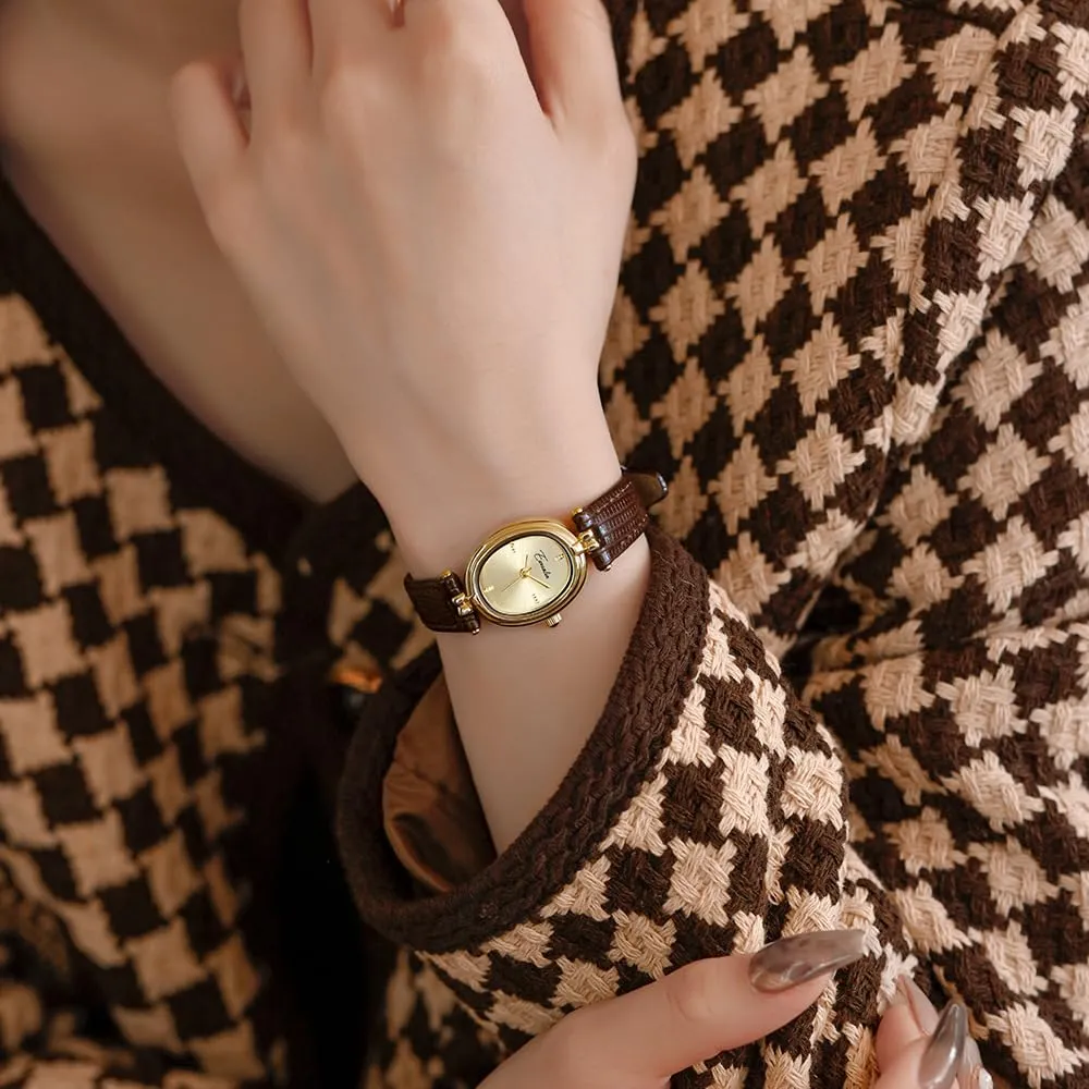 Orologio da polso da donna, alla moda, piccolo, ovale, al quarzo, vintage, con cinturino in pelle, impermeabile, di lusso, casual, marrone, nero, Marrone, Moda, Vintage, Lusso - immagine 4