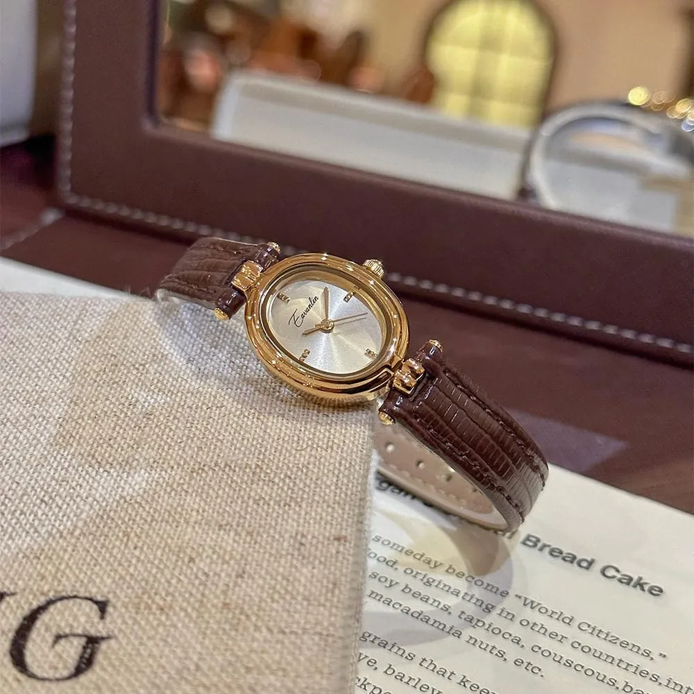 Orologio da polso da donna, alla moda, piccolo, ovale, al quarzo, vintage, con cinturino in pelle, impermeabile, di lusso, casual, marrone, nero, Marrone, Moda, Vintage, Lusso - immagine 6