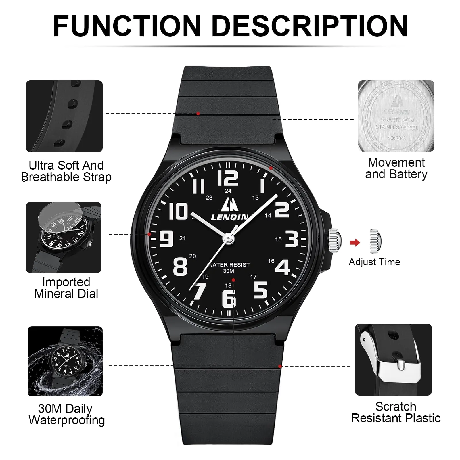 LN LENQIN Orologio da uomo al quarzo analogico, impermeabile 30 metri, con cinturino in silicone alla moda orologi uomo - immagine 5