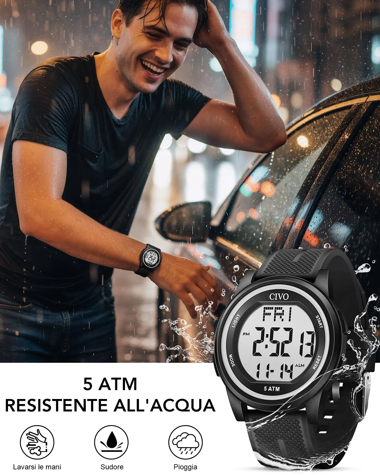 CIVO Orologio Uomo Digitale Sportivo: LED Cronometro Impermeabile con Cinturino Silicone Nero per Outdoor Allenamento e Corsa - immagine 2
