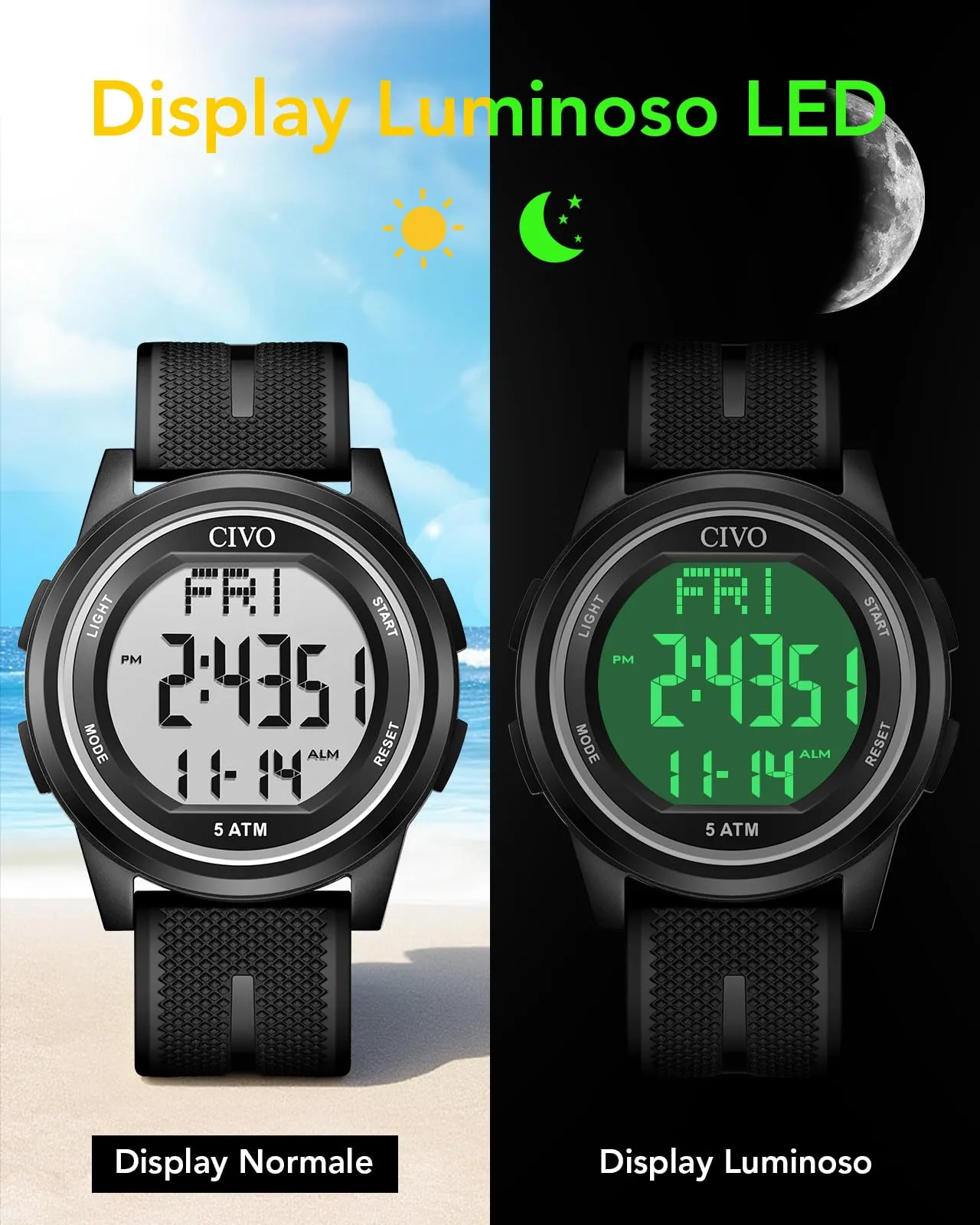 CIVO Orologio Uomo Digitale Sportivo: LED Cronometro Impermeabile con Cinturino Silicone Nero per Outdoor Allenamento e Corsa - immagine 3