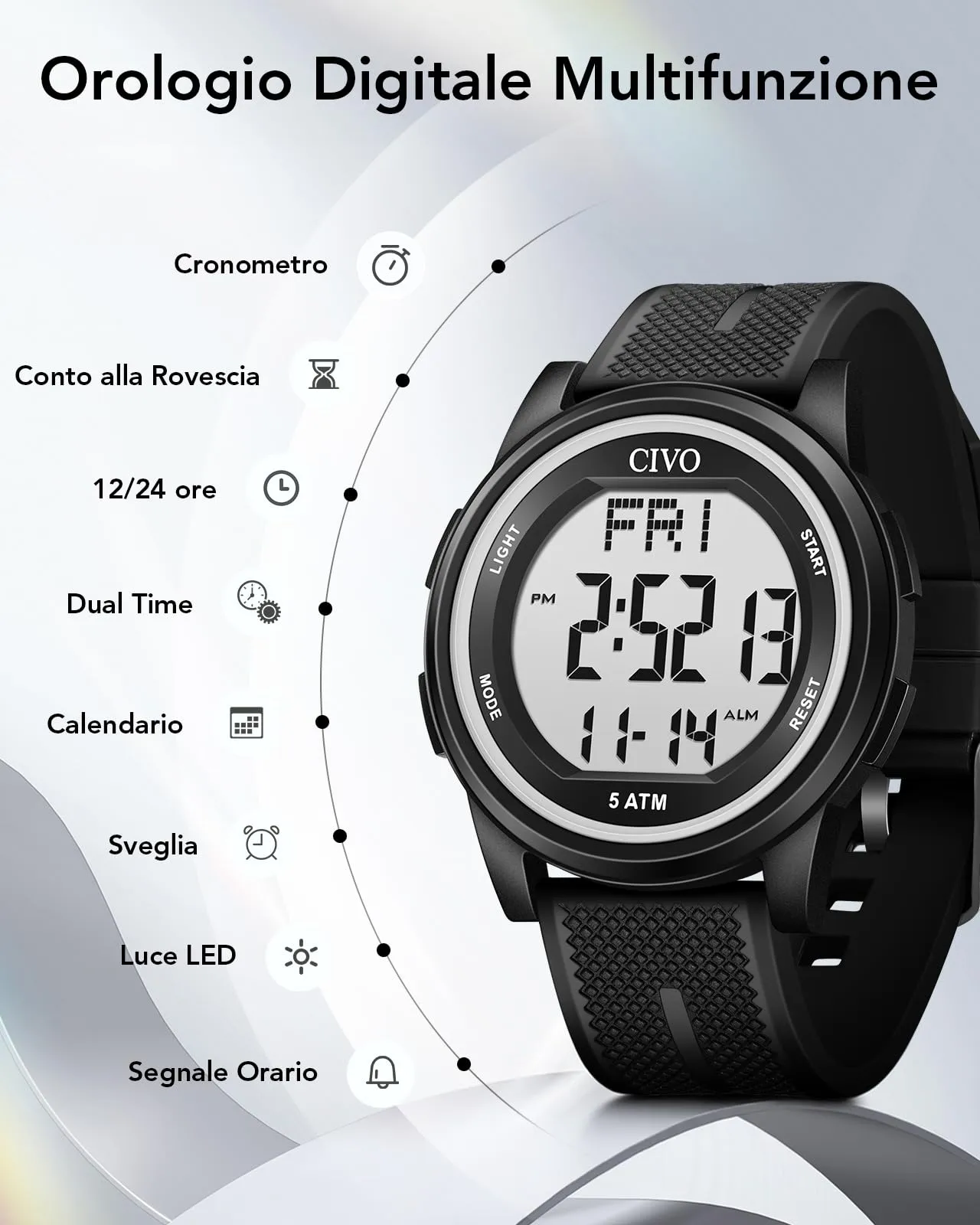 CIVO Orologio Uomo Digitale Sportivo: LED Cronometro Impermeabile con Cinturino Silicone Nero per Outdoor Allenamento e Corsa - immagine 4