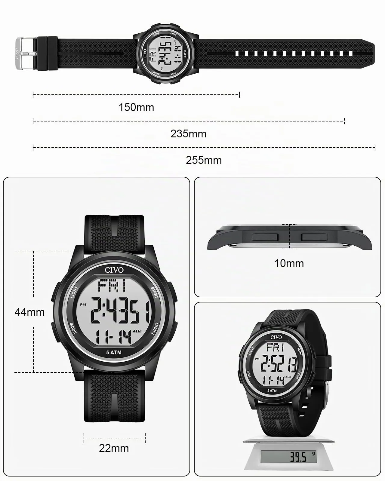 CIVO Orologio Uomo Digitale Sportivo: LED Cronometro Impermeabile con Cinturino Silicone Nero per Outdoor Allenamento e Corsa - immagine 6