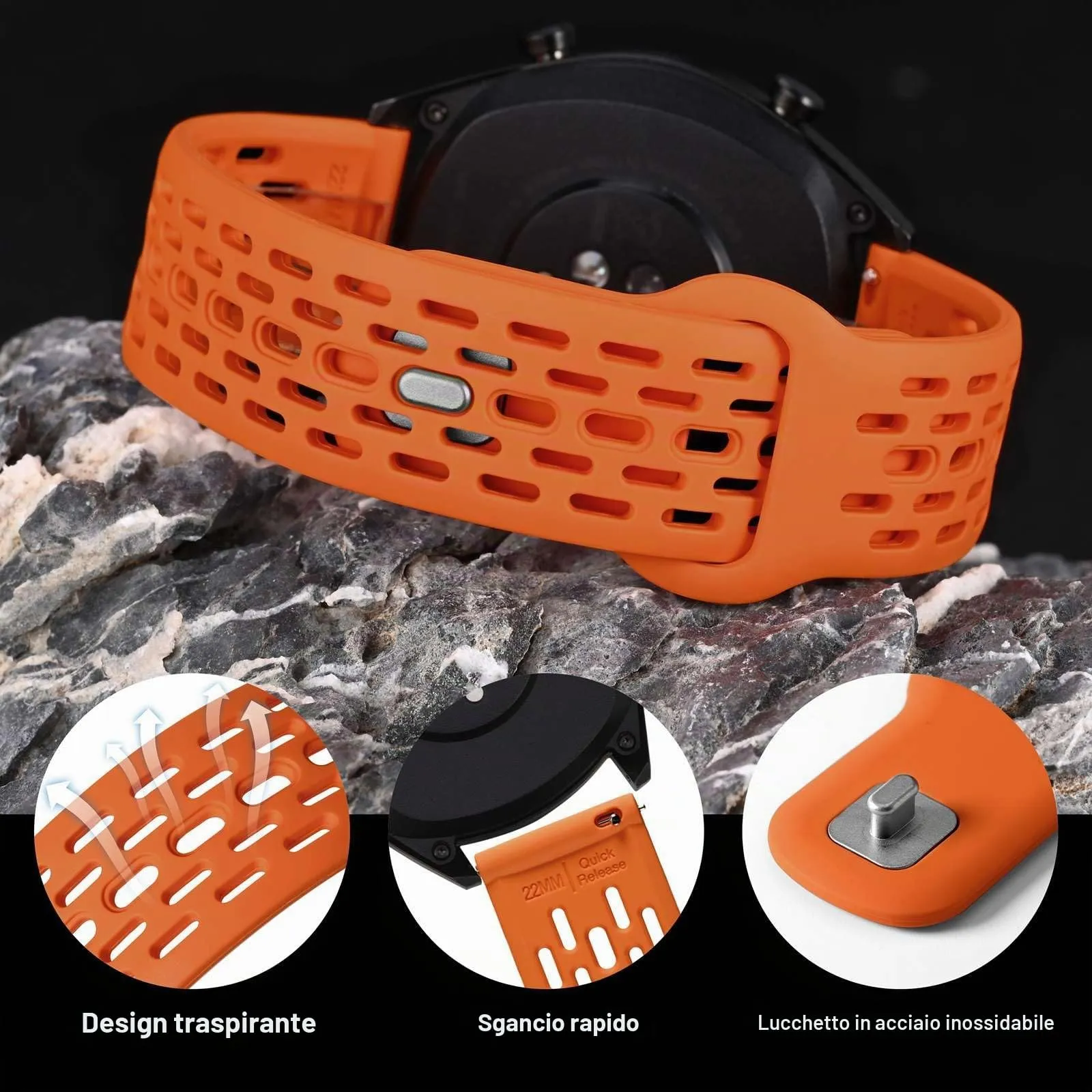 WOCCI 20mm Traspirante Traforato Cinturino in Silicone, Sgancio Rapido, Orologio Cinturini di Ricambio per Uomo Donna (Arancia) - immagine 4