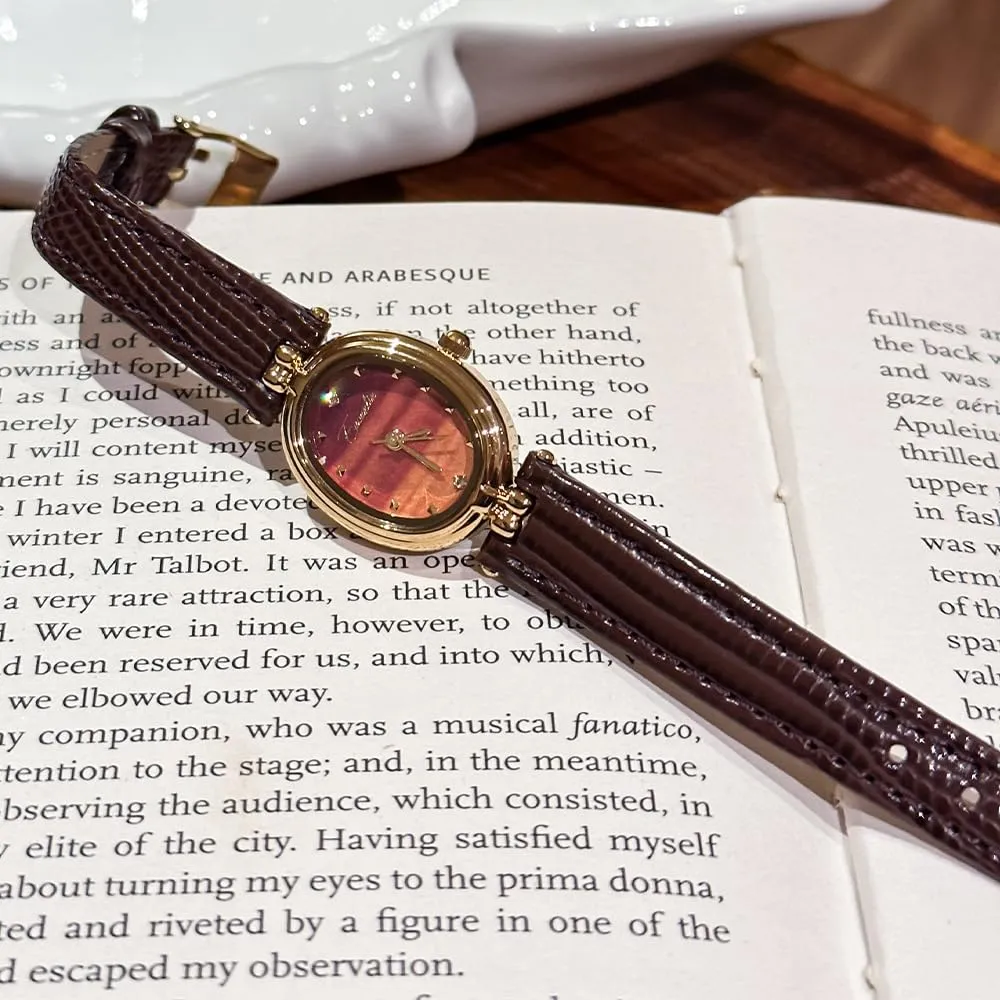 CARLIEN Orologi da donna alla moda, piccoli, in oro, con quadrante ovale al quarzo, cinturino in pelle vintage, impermeabili, di lusso, casual, bracciale da donna, marrone nero - immagine 2