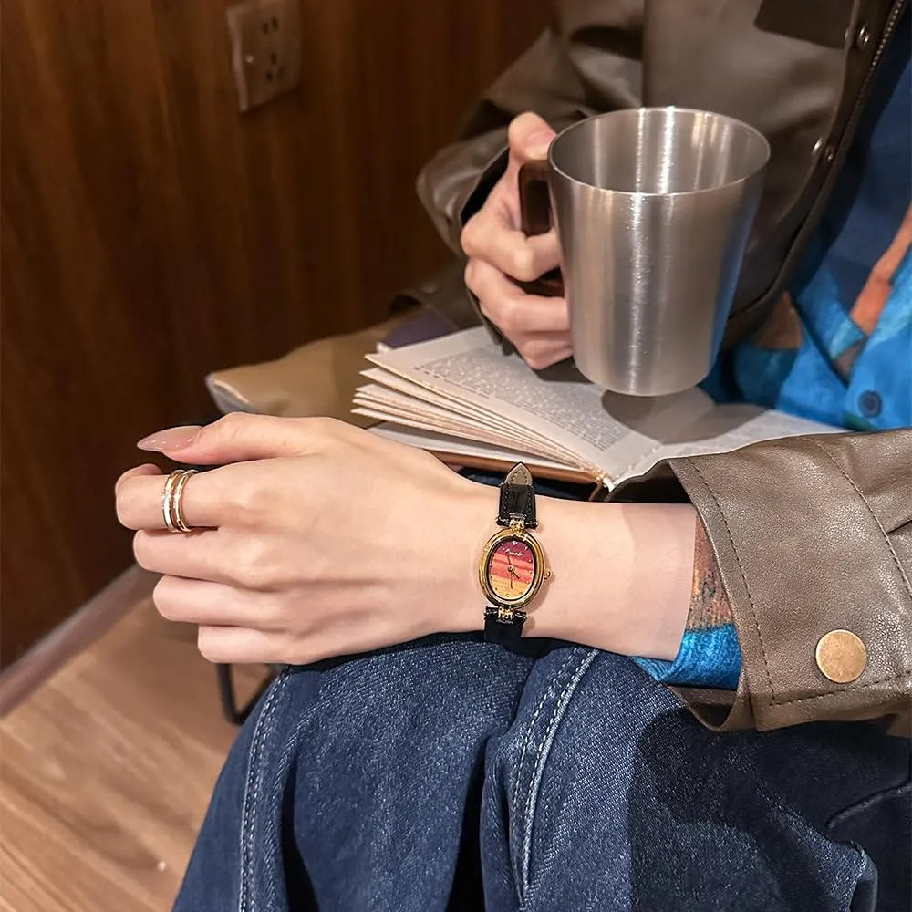 CARLIEN Orologio da donna alla moda, piccolo, in oro, con quadrante ovale al quarzo, cinturino in pelle vintage, impermeabile, lusso, casual, bracciale da donna, marrone, nero, X nero. - immagine 3