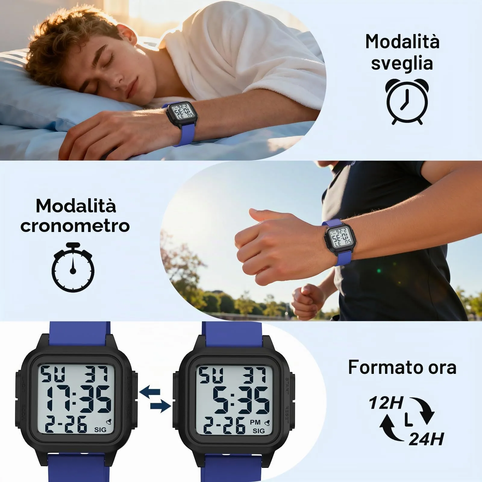 DTKID Orologio Sportivo Digitale Unisex, LED, Sveglia, Cronometro (Blu) - immagine 4