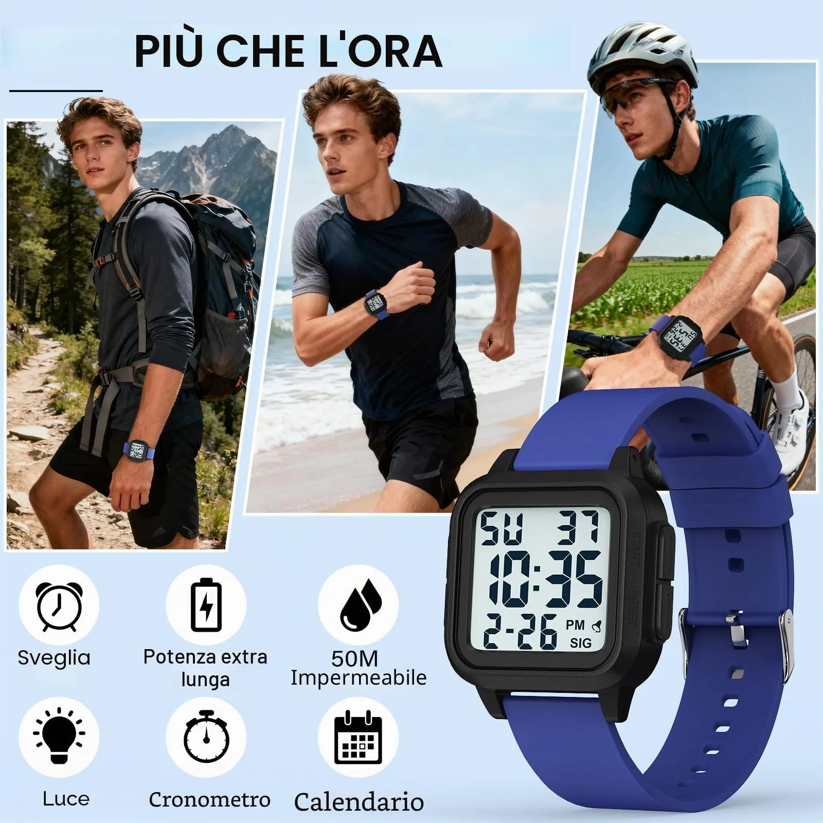 DTKID Orologio Sportivo Digitale Unisex, LED, Sveglia, Cronometro (Blu) - immagine 5