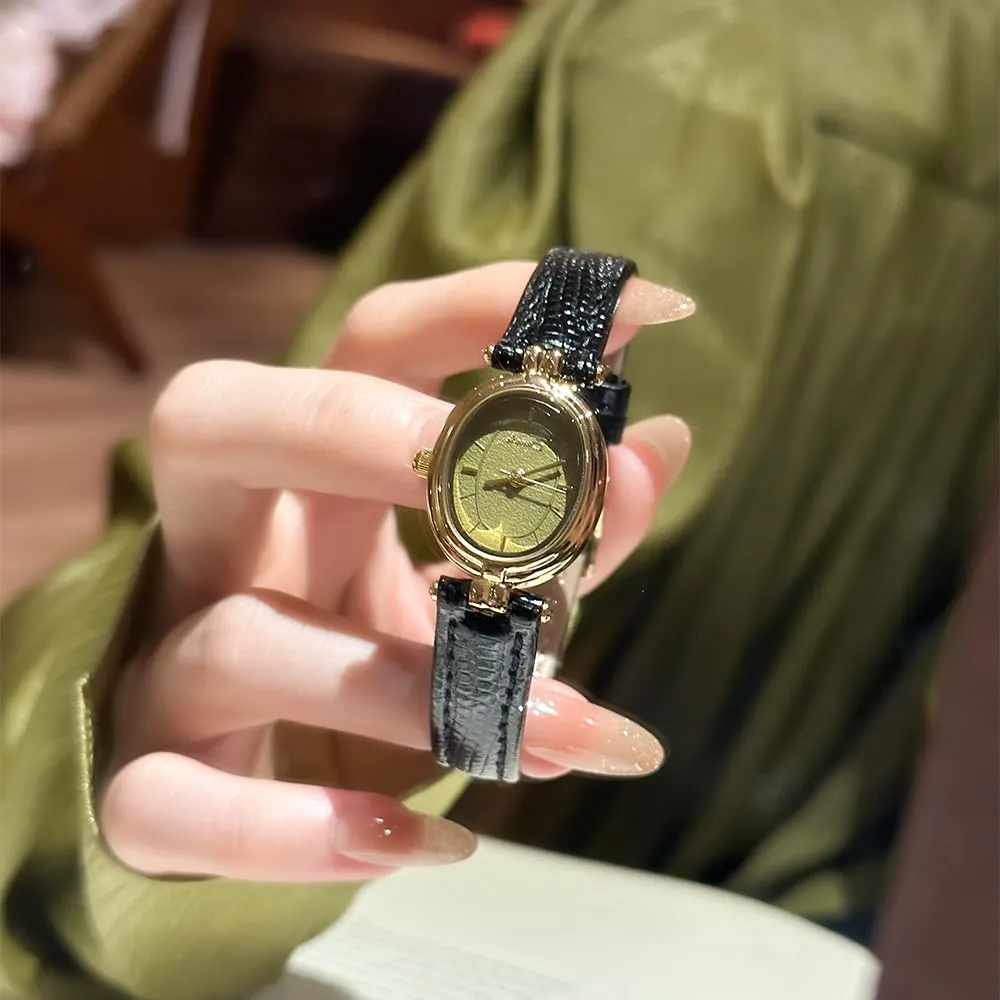Orologi da polso da donna, alla moda, piccoli, ovali, dorati, al quarzo, vintage, con cinturino in pelle, impermeabili, di lusso, casual, da bracciale, marrone, nero, Verde nero - immagine 2