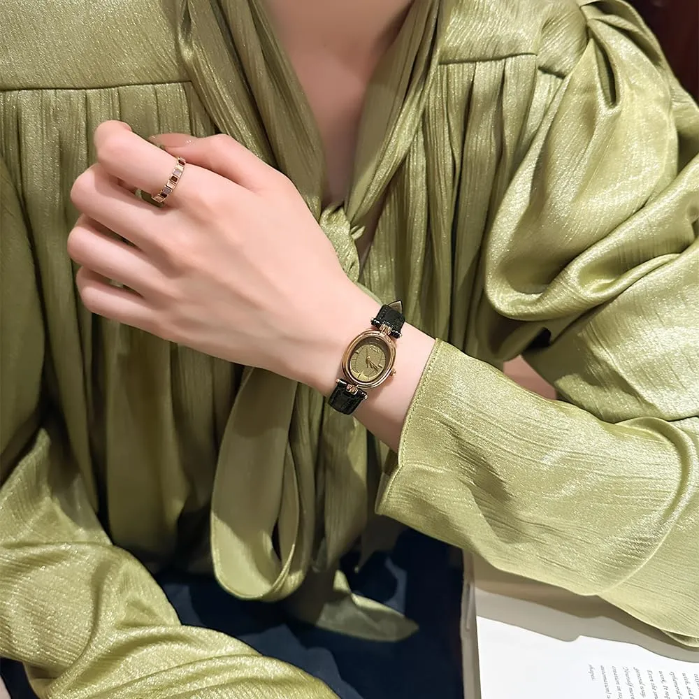 Orologi da polso da donna, alla moda, piccoli, ovali, dorati, al quarzo, vintage, con cinturino in pelle, impermeabili, di lusso, casual, da bracciale, marrone, nero, Verde nero - immagine 3