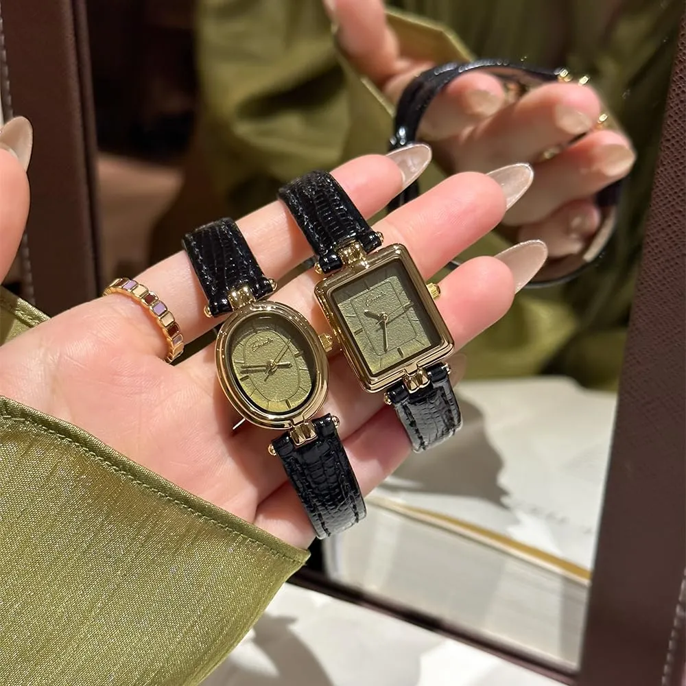 Orologi da polso da donna, alla moda, piccoli, ovali, dorati, al quarzo, vintage, con cinturino in pelle, impermeabili, di lusso, casual, da bracciale, marrone, nero, Verde nero - immagine 6
