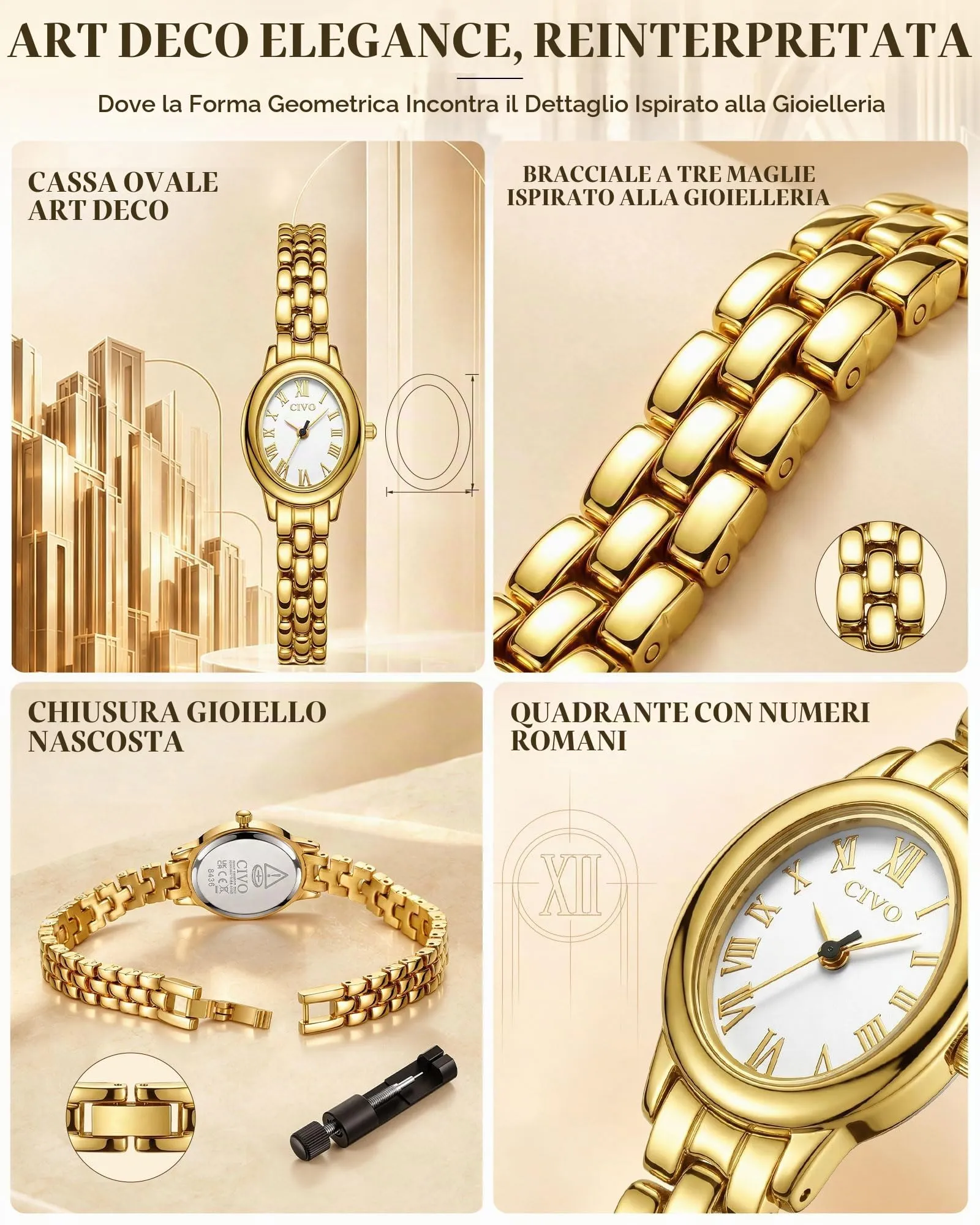 CIVO Orologio Donna Elegante Vintage: Quadrante Oro Ovale Numeri Romani, - immagine 4