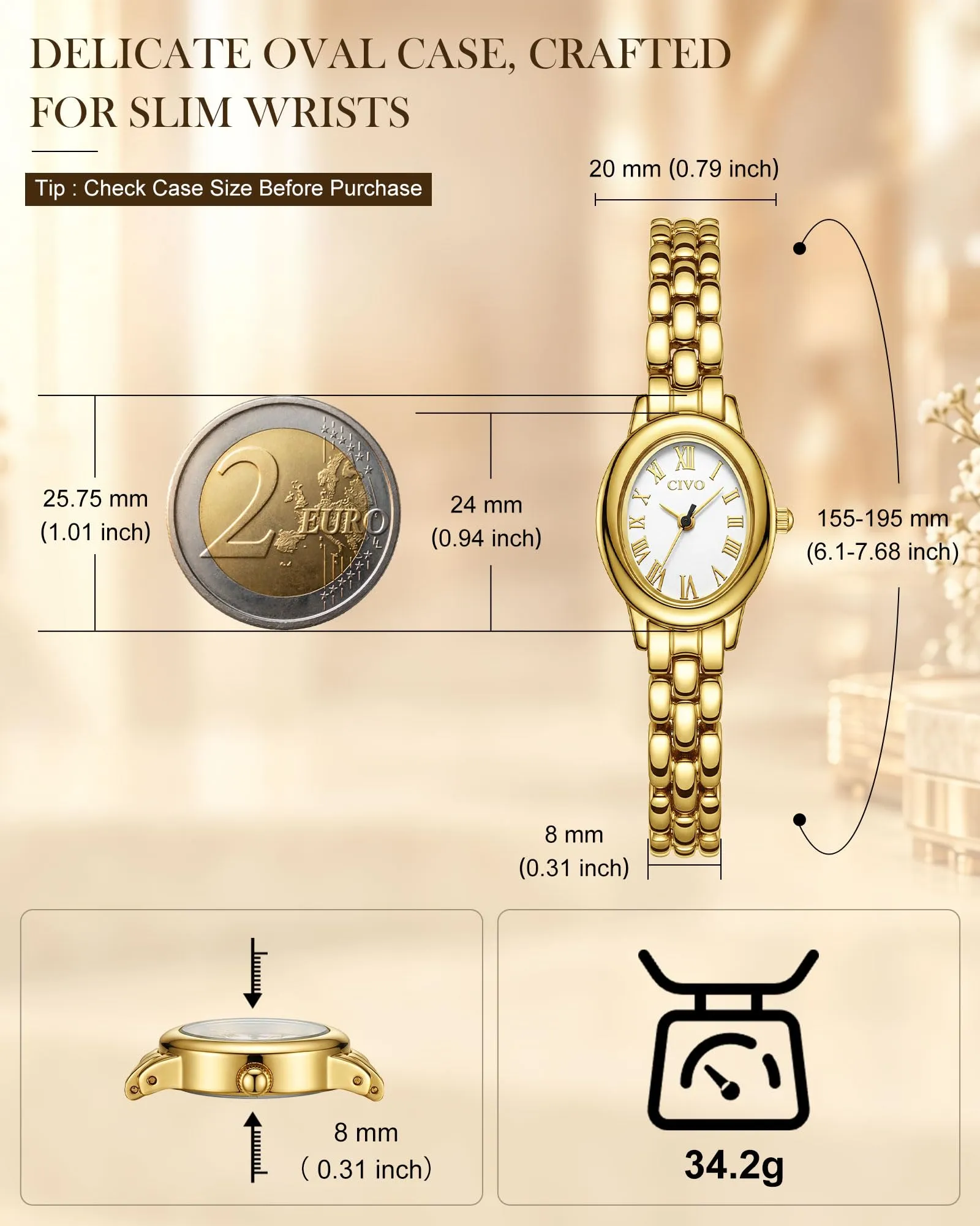 CIVO Orologio Donna Elegante Vintage: Quadrante Oro Ovale Numeri Romani, - immagine 7