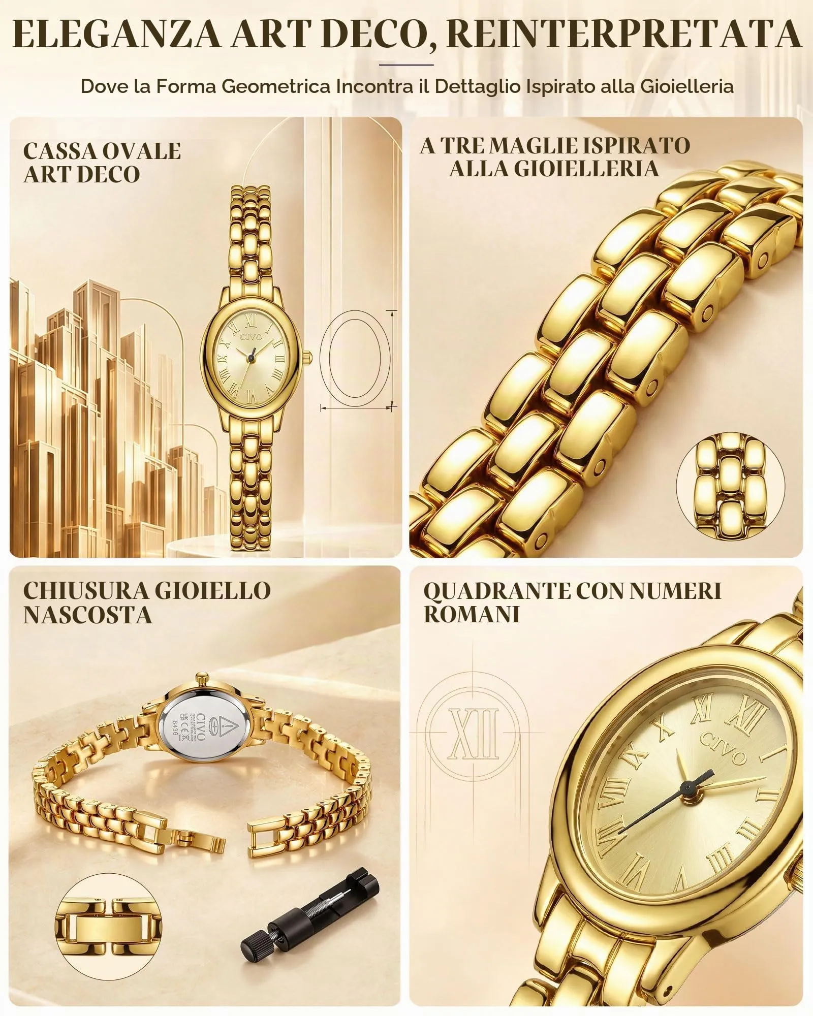 CIVO Orologio Donna Elegante Vintage: Quadrante Verde Ovale Numeri Romani, - immagine 4