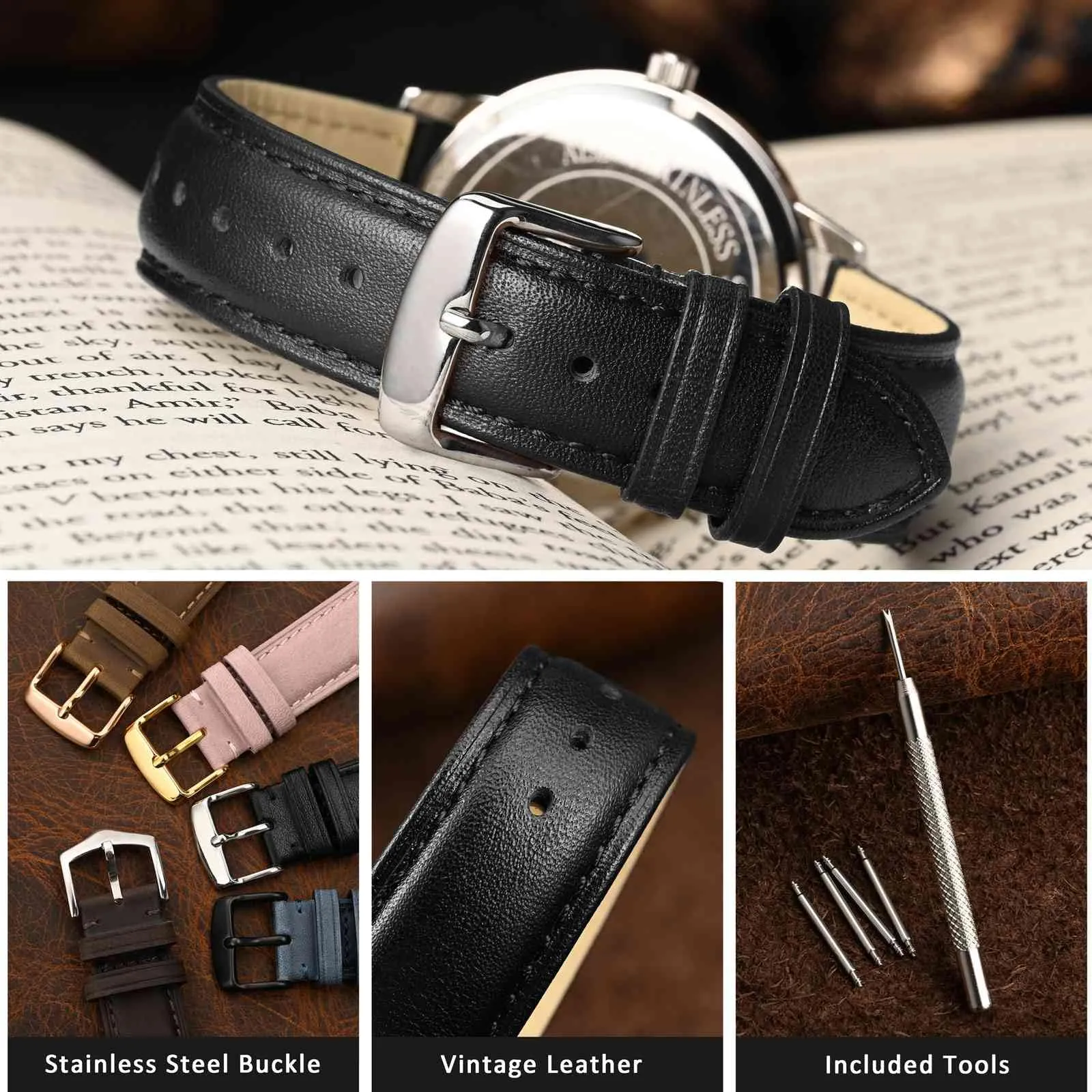 WOCCI 20mm Vintage Cinturino Orologio in Pelle con Fibbia Argento, Cinturino di Ricambio (Nero) - immagine 3