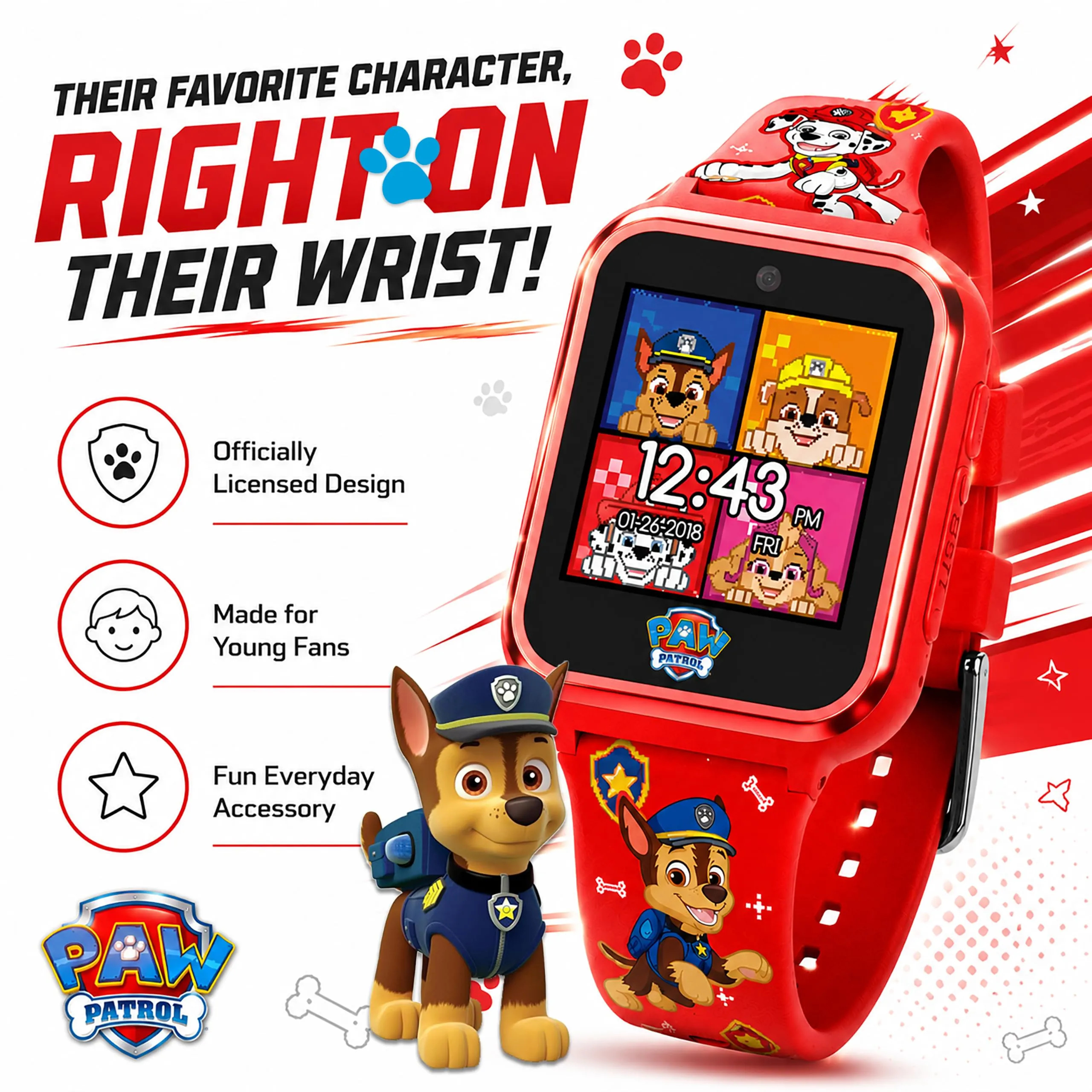 Accutime Paw Patrol - Orologio intelligente con fotocamera per bambini e bambini - Orologio intelligente interattivo per ragazzi e ragazze con giochi, registratore vocale, calcolatrice, contapassi - immagine 2