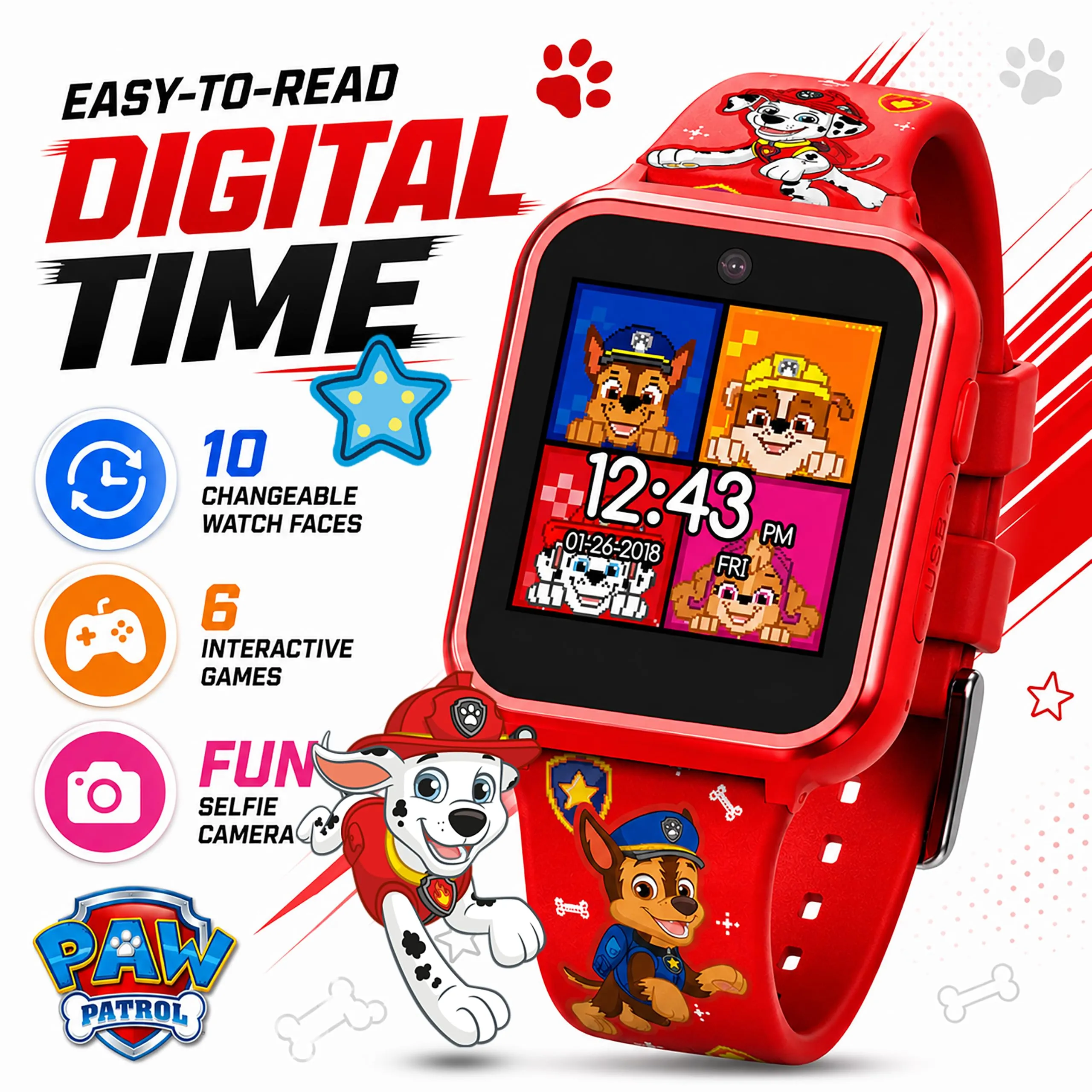 Accutime Paw Patrol - Orologio intelligente con fotocamera per bambini e bambini - Orologio intelligente interattivo per ragazzi e ragazze con giochi, registratore vocale, calcolatrice, contapassi - immagine 3