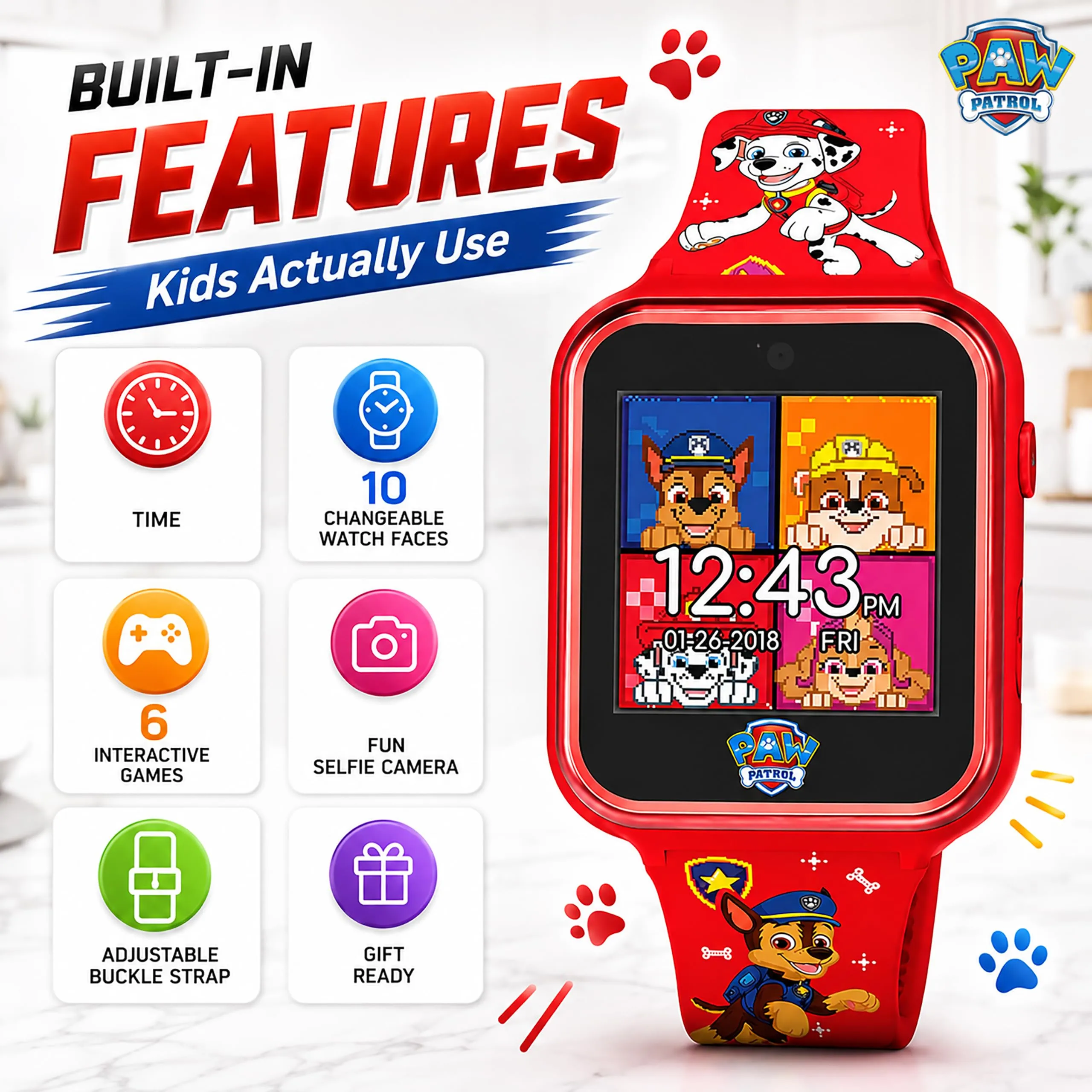 Accutime Paw Patrol - Orologio intelligente con fotocamera per bambini e bambini - Orologio intelligente interattivo per ragazzi e ragazze con giochi, registratore vocale, calcolatrice, contapassi - immagine 4
