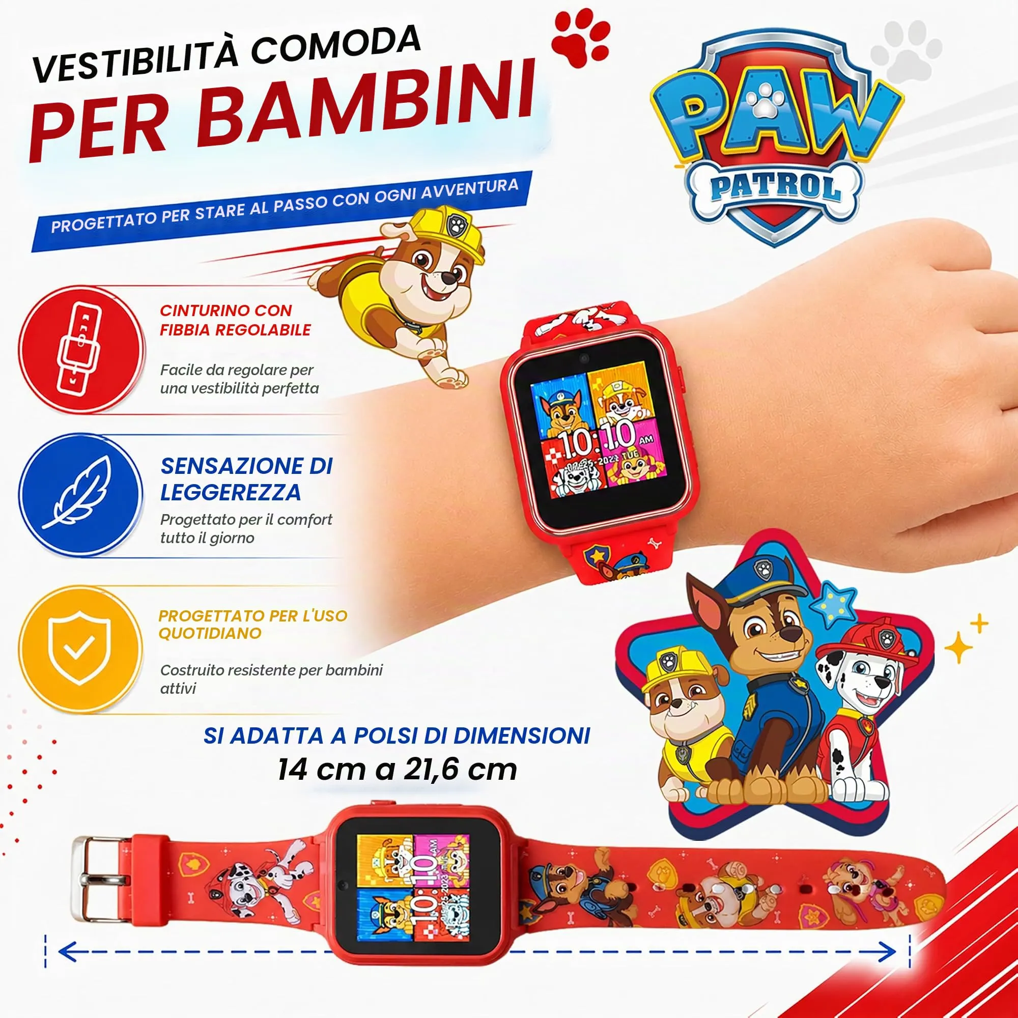 Accutime Paw Patrol - Orologio intelligente con fotocamera per bambini e bambini - Orologio intelligente interattivo per ragazzi e ragazze con giochi, registratore vocale, calcolatrice, contapassi - immagine 5