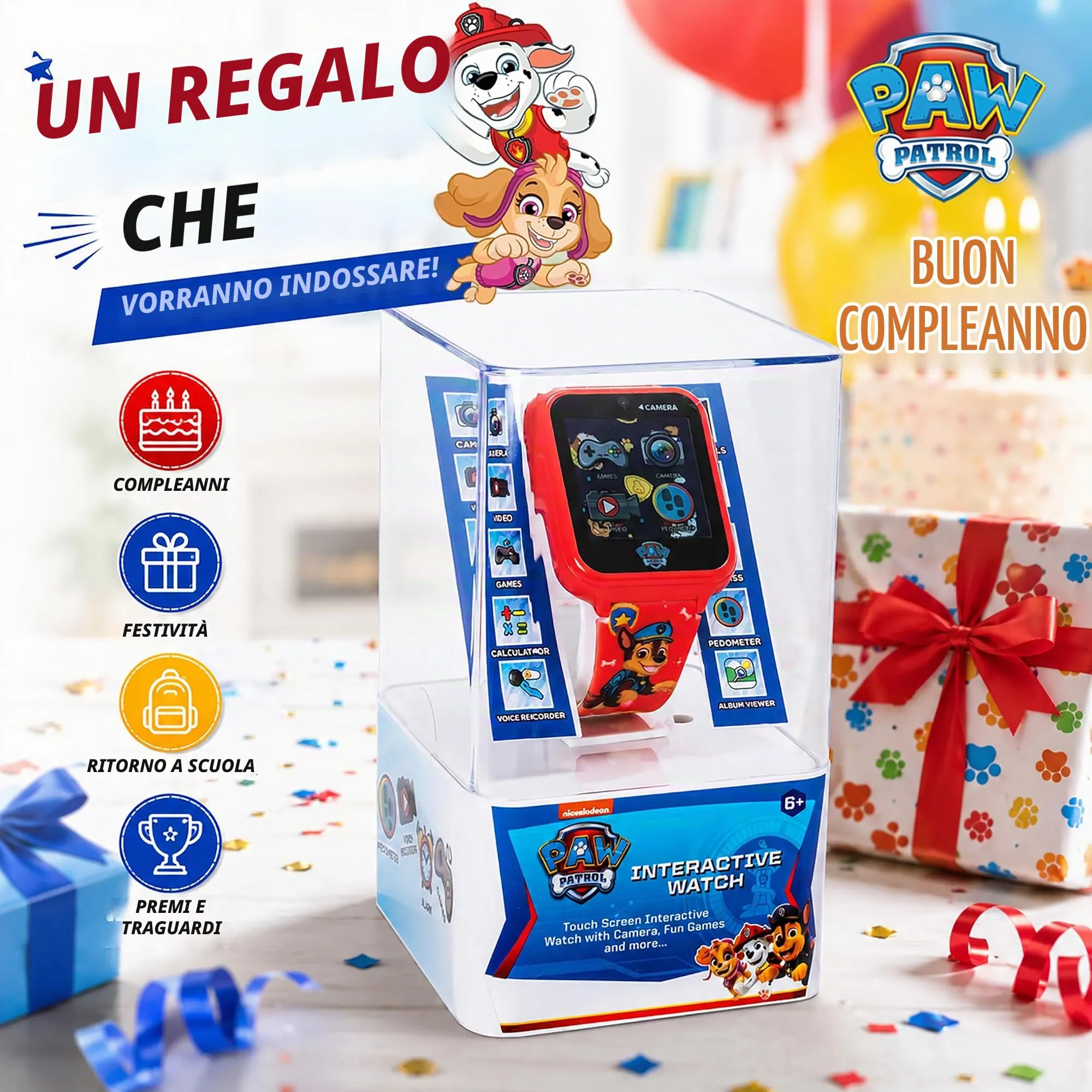 Accutime Paw Patrol - Orologio intelligente con fotocamera per bambini e bambini - Orologio intelligente interattivo per ragazzi e ragazze con giochi, registratore vocale, calcolatrice, contapassi - immagine 6