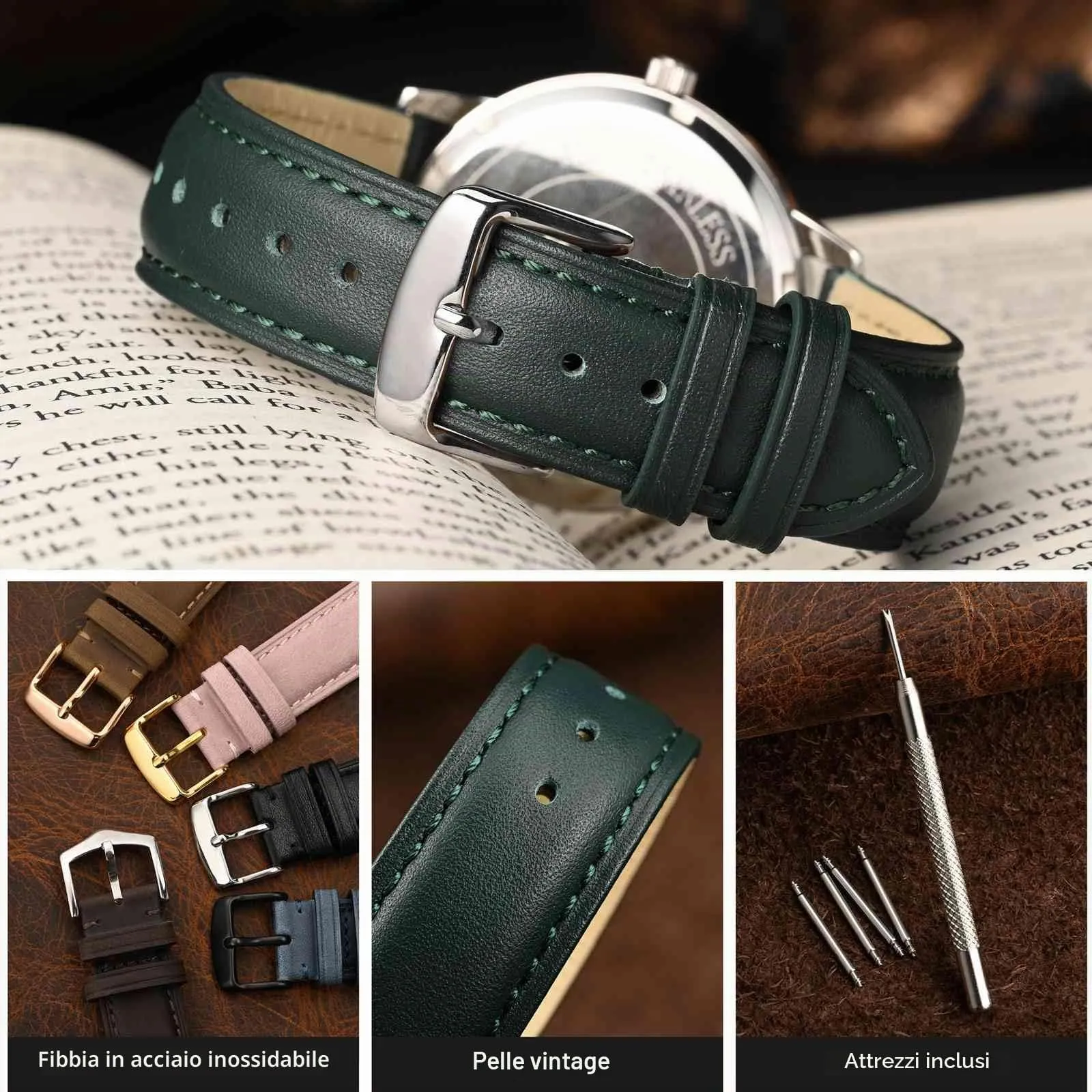 WOCCI 20mm Vintage Cinturino Orologio in Pelle con Fibbia Argento, Cinturino di Ricambio (Verde Scuro) - immagine 3