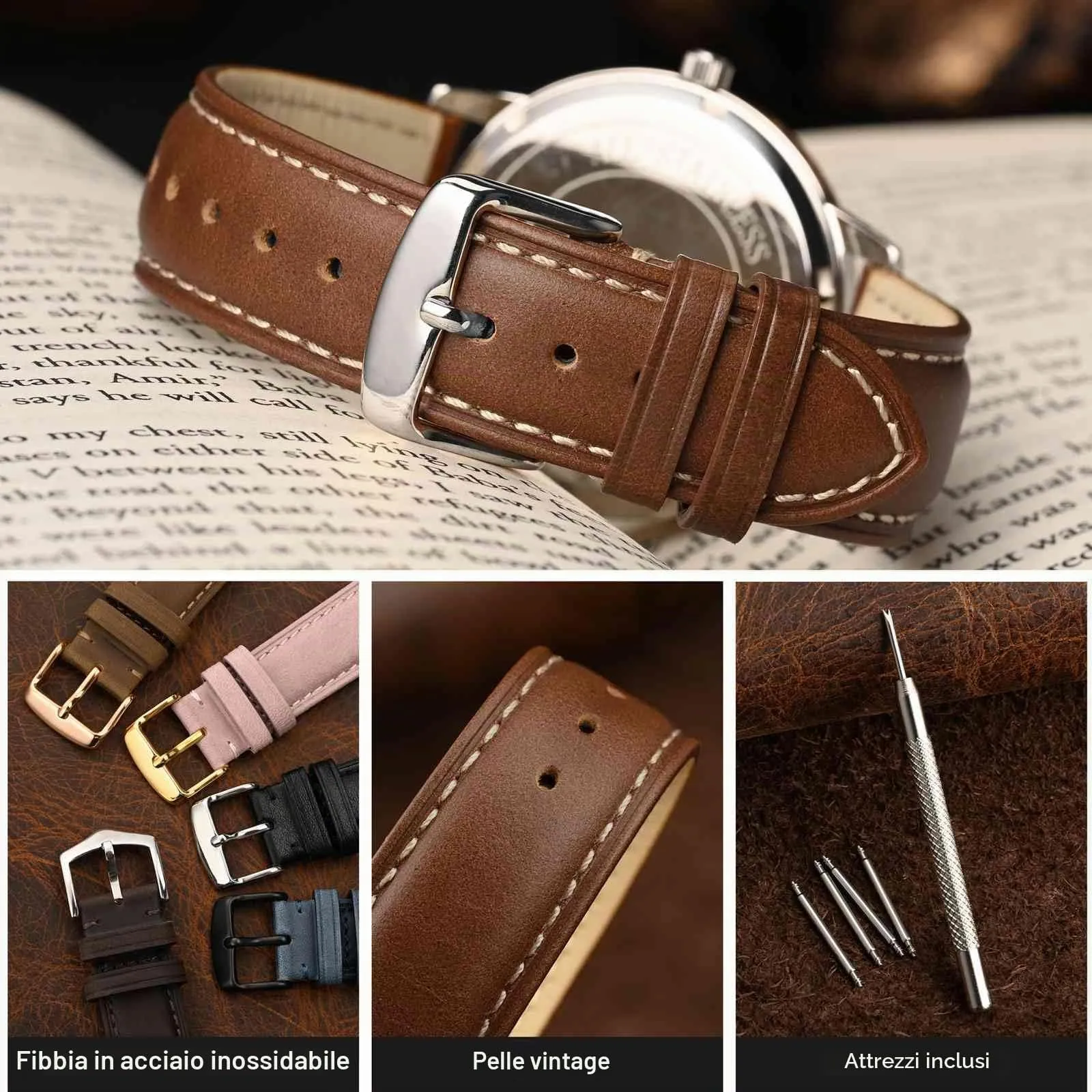 WOCCI 20mm Vintage Cinturino Orologio in Pelle con Fibbia Argento, Cinturino di Ricambio (Cannella Brown) - immagine 3
