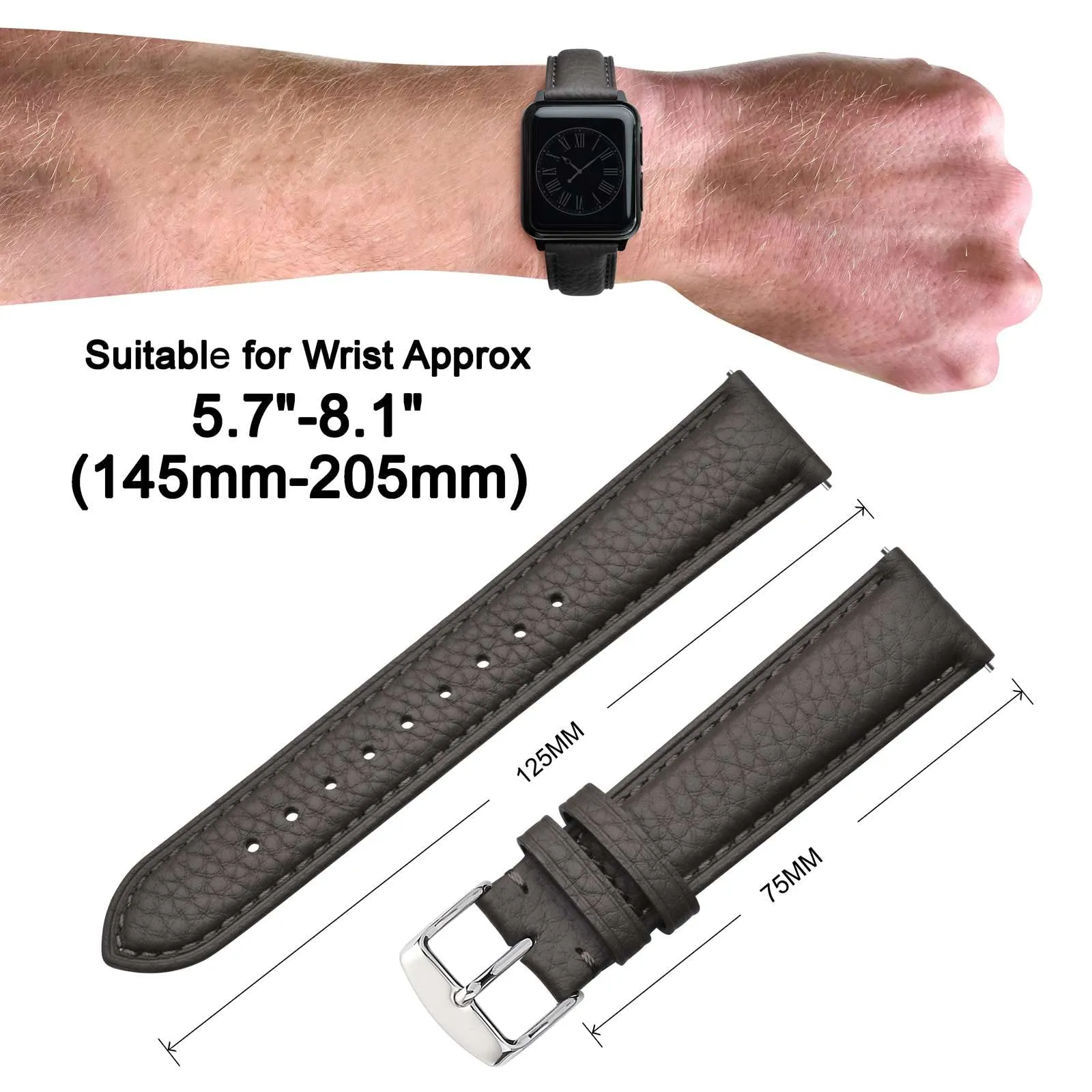 ANNEFIT Cinturino 20mm, Cinturini di Ricambio per Uomo e Donna, Imbottito Testurizzato Pelle a Sgancio Rapido (Grigio Scuro) - immagine 3
