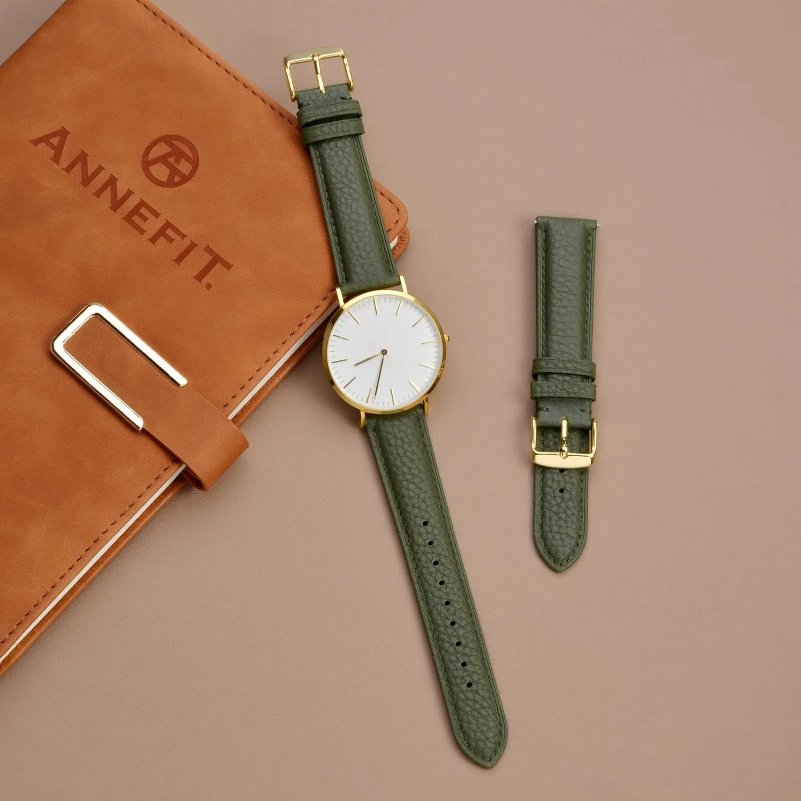 ANNEFIT Cinturino 22mm, Cinturini di Ricambio per Uomo e Donna con Fibbia Oro, Imbottito Testurizzato Pelle a Sgancio Rapido (Verde) - immagine 6
