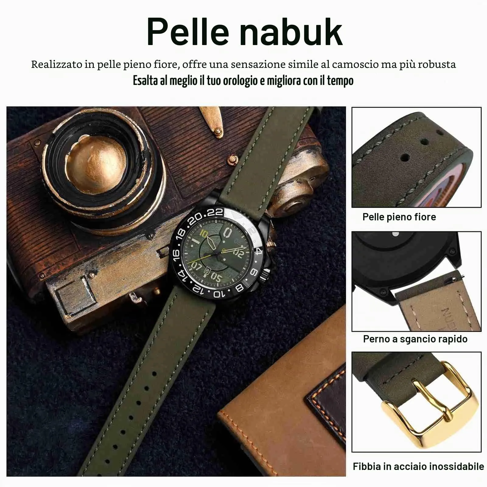 WOCCI 18mm Retrò Cinturino in Pelle per Uomo e Donna, Cinturino a Sgancio Rapido con Fibbia Dorata (Verde Militare) - immagine 4