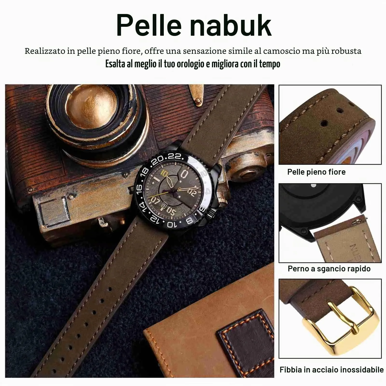 WOCCI 20mm Retrò Cinturino in Pelle per Uomo e Donna, Cinturino a Sgancio Rapido con Fibbia Dorata (Marrone Scuro) - immagine 4