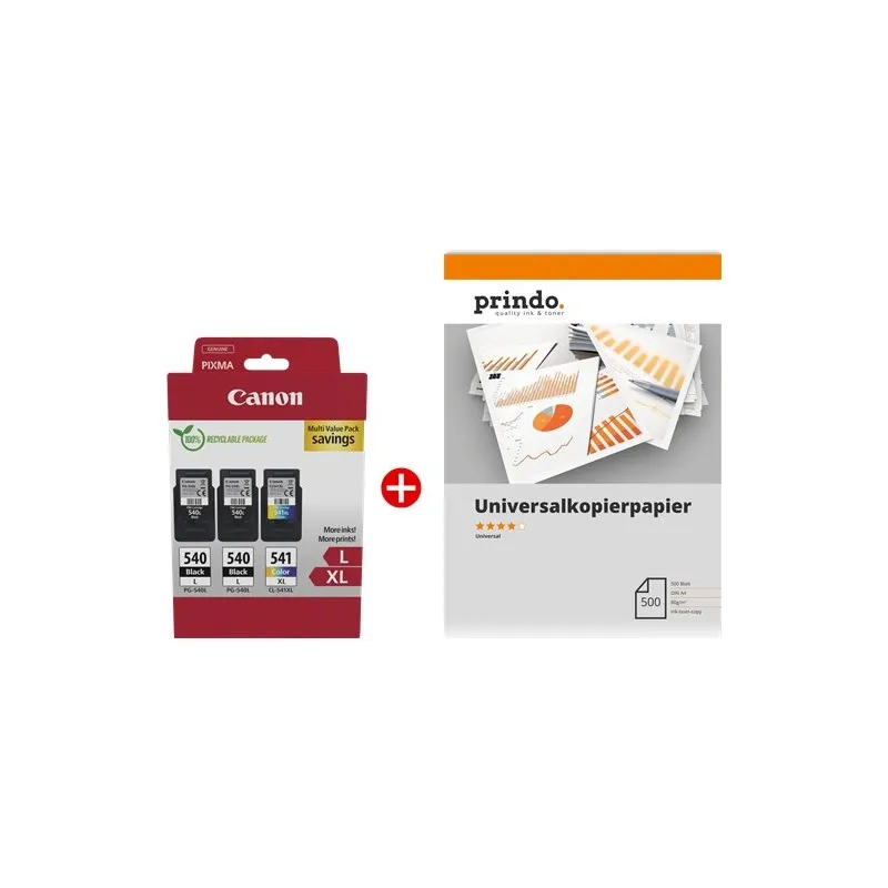 ORIGINALE Canon Value Pack nero / differenti colori / Bianco PG-540L+CL-541XL MCVP + Prindo Universal Papier 500 Blatt 700 pagine - immagine 1