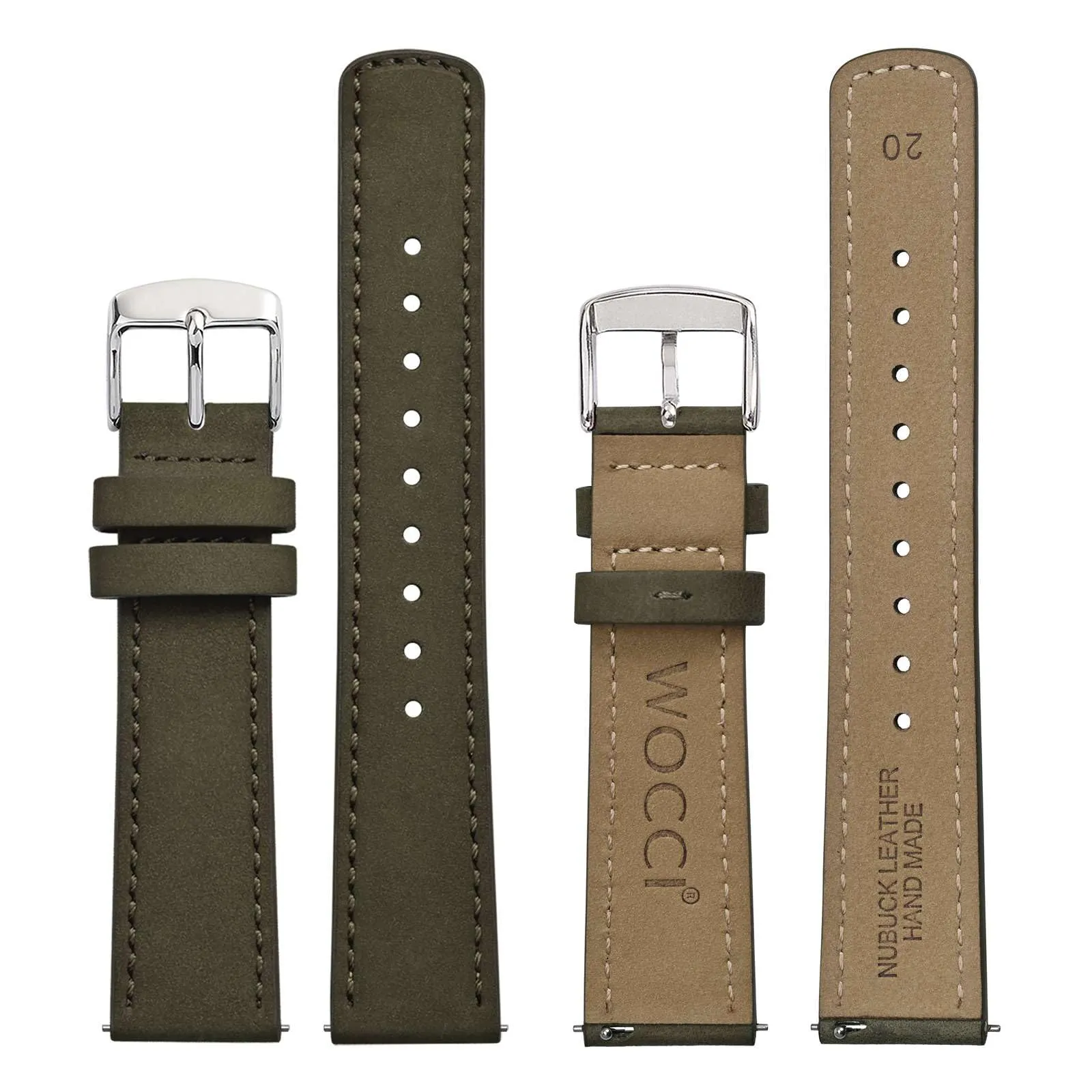 WOCCI 20mm Retrò Cinturino in Pelle per Uomo e Donna, Cinturino a Sgancio Rapido con Fibbia Argento (Verde Militare) - immagine 2
