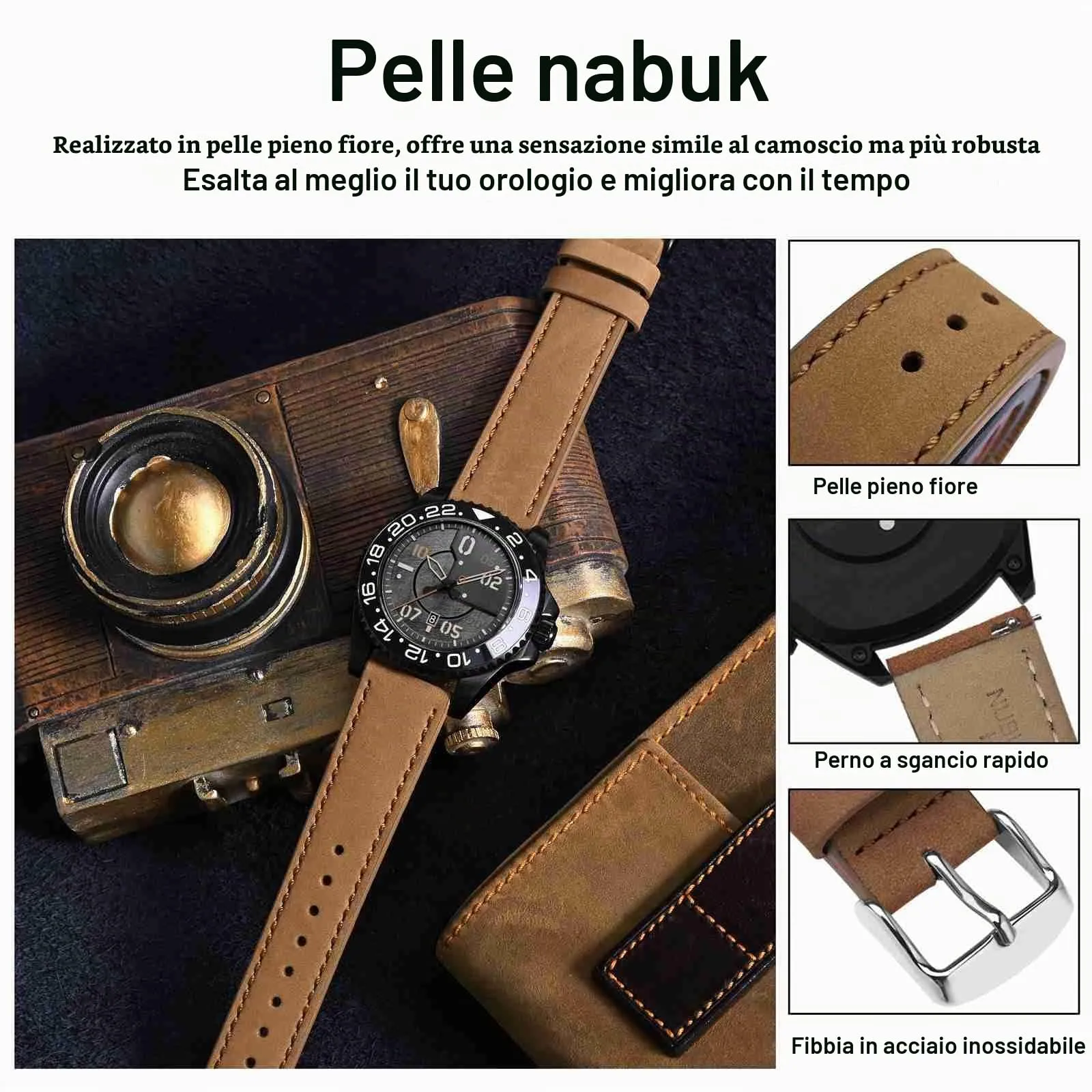 WOCCI 22mm Retrò Cinturino in Pelle per Uomo e Donna, Cinturino a Sgancio Rapido con Fibbia Argento (Marrone Chiaro) - immagine 4