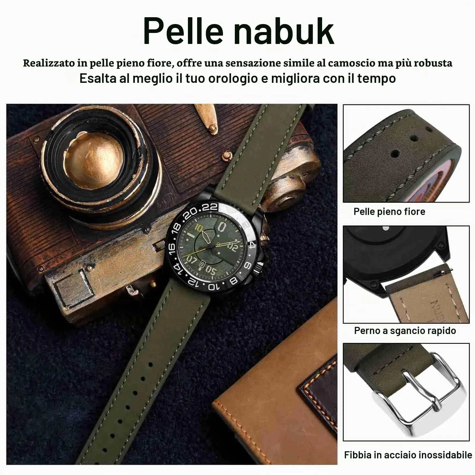 WOCCI 22mm Retrò Cinturino in Pelle per Uomo e Donna, Cinturino a Sgancio Rapido con Fibbia Argento (Verde Militare) - immagine 4