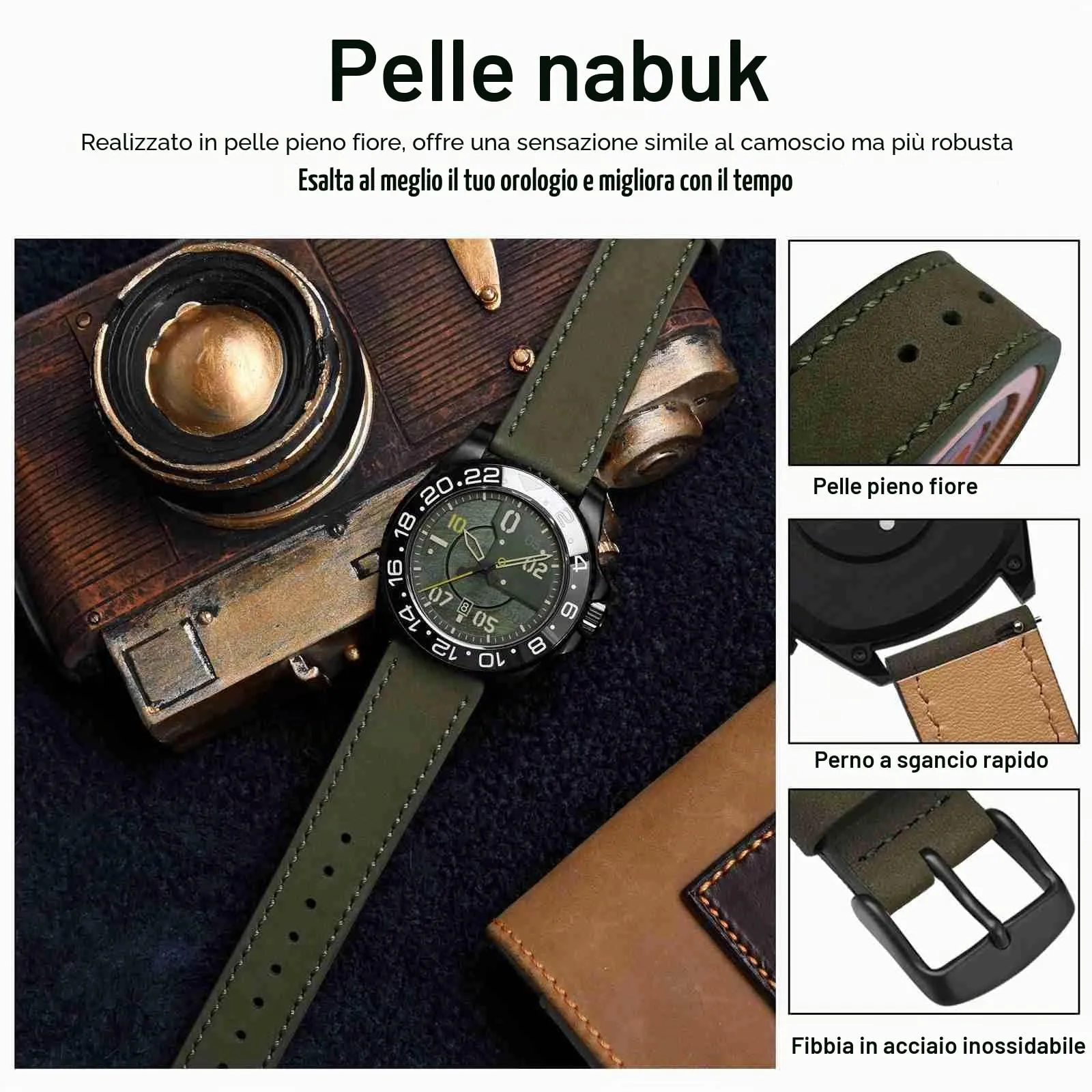 WOCCI 18mm Retrò Cinturino in Pelle per Uomo e Donna, Cinturino a Sgancio Rapido con Fibbia Nera (Verde Militare) - immagine 4