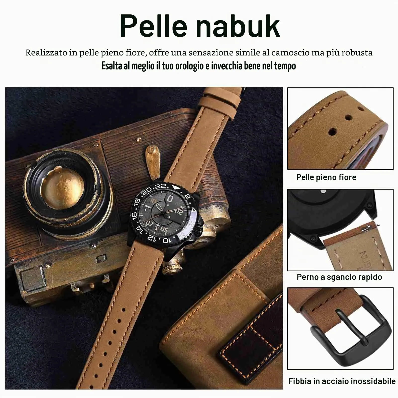 WOCCI 22mm Retrò Cinturino in Pelle per Uomo e Donna, Cinturino a Sgancio Rapido con Fibbia Nera (Marrone Chiaro) - immagine 4