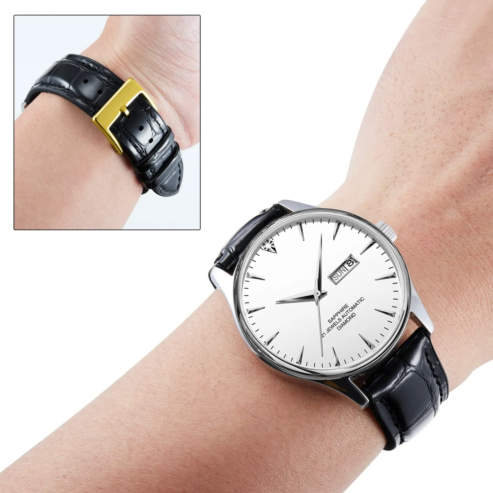 BINLUN Cinturino per Orologio in Pelle 22mm 21mm 20mm 19mm 18mm 16mm 14mm Pelle Modello Alligatore e Silicone Ibrido Cinturini di Ricambio Retrò Cinturino a Sgancio Rapido per Uomo Donna(18mm,Nero) - immagine 3
