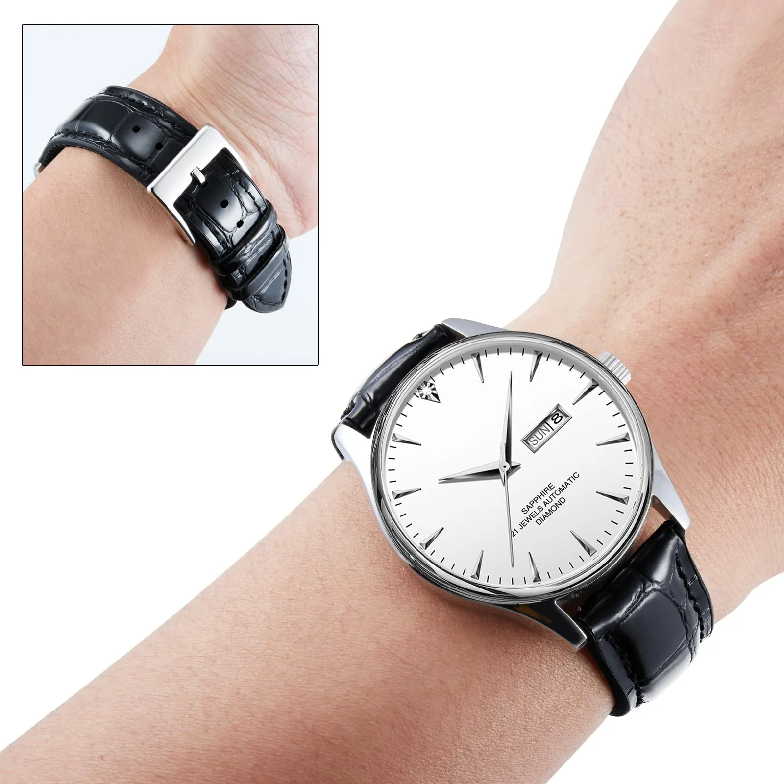 BINLUN Cinturino per Orologio in Pelle 22mm 21mm 20mm 19mm 18mm 16mm 14mm Pelle Modello Alligatore e Silicone Ibrido Cinturini di Ricambio Retrò Cinturino a Sgancio Rapido per Uomo Donna(20mm,Nero) - immagine 3
