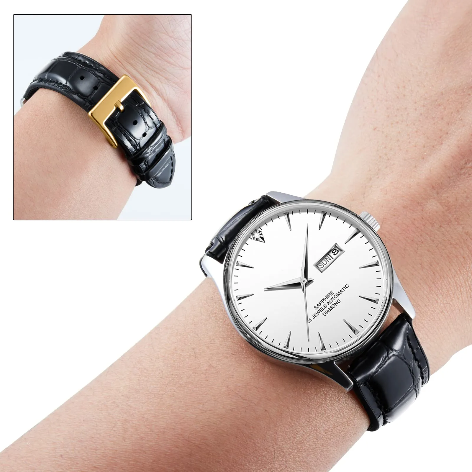 BINLUN Cinturino per Orologio in Pelle 22mm 21mm 20mm 19mm 18mm 16mm 14mm Pelle Modello Alligatore e Silicone Ibrido Cinturini di Ricambio Retrò Cinturino a Sgancio Rapido per Uomo Donna(19mm,Nero) - immagine 3