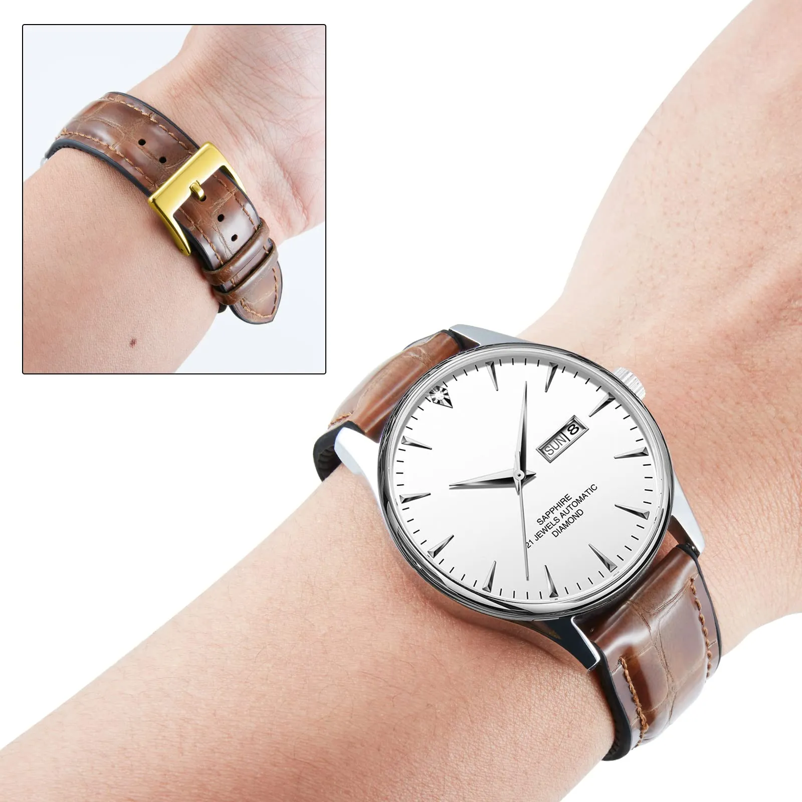 BINLUN Cinturino per Orologio in Pelle 22mm 21mm 20mm 19mm 18mm 16mm 14mm Pelle Modello Alligatore e Silicone Cinturini di Ricambio Retrò Cinturino a Sgancio Rapido per Uomo Donna(19mm,Marrone Chiaro) - immagine 3
